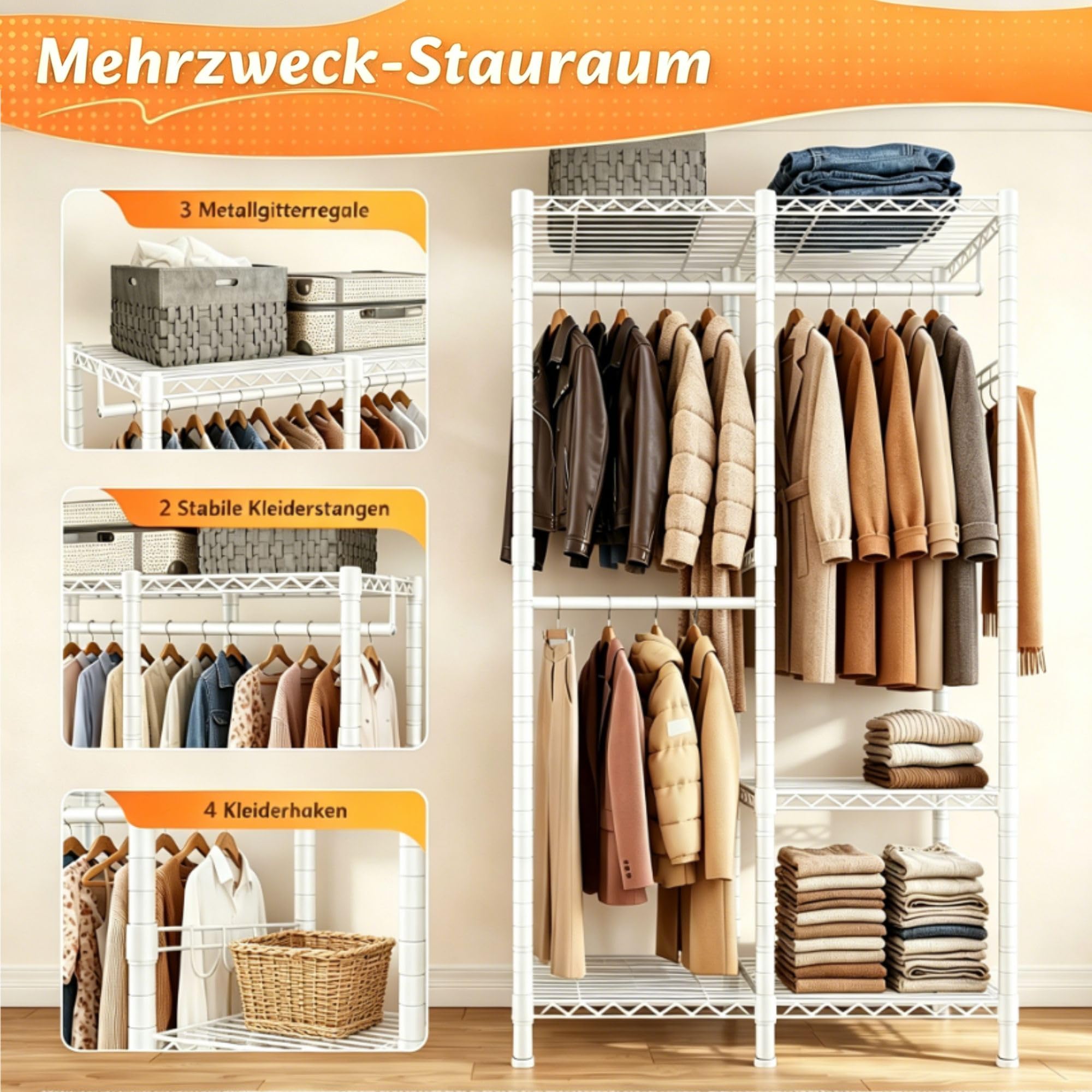 Offener Kleiderschrank mit 3 Regalböden & 4 Haken für Mäntel, Jacken | Höhenverstellbarer Kleiderständer mit 2 Kleiderstangen,200 KG Tragfähigkei,für Schlafzimmer,Eingangsbereich,Weiß