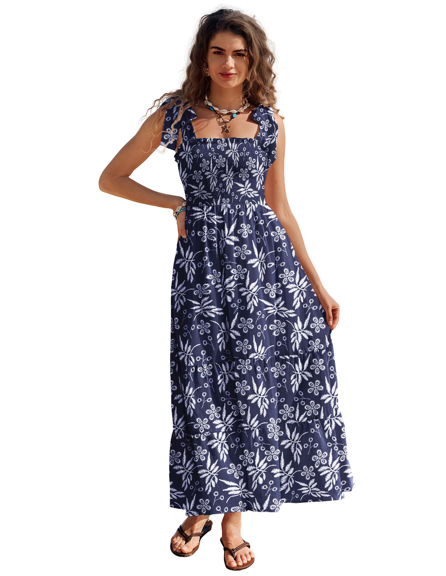 Damen Sommerkleid Ärmellos Spaghettiträger Böhmisch Maxikleid Strandkleid A-Line Marineblau