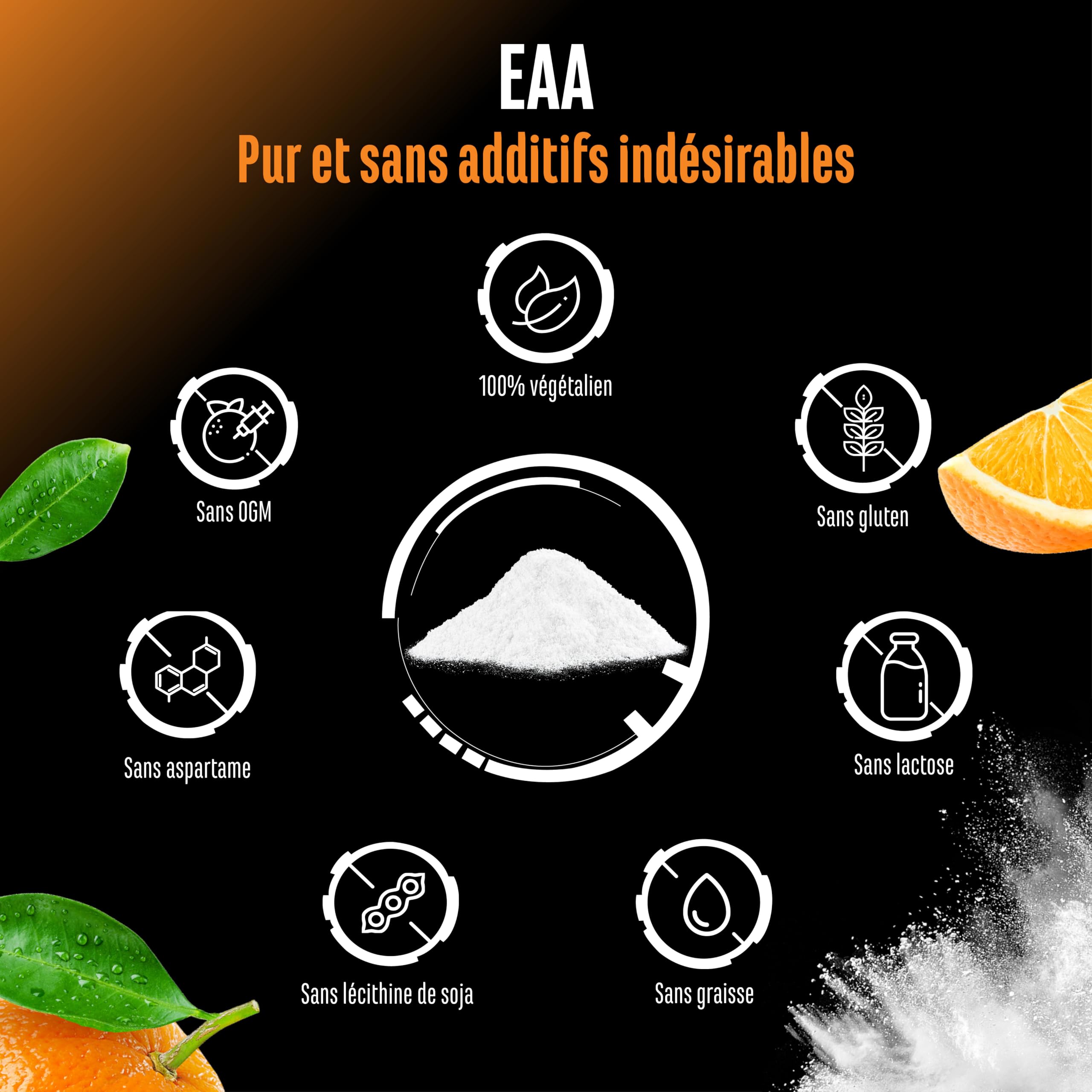 Poudre d’EAA 532 g (38 Portions) - les 9 Acides Aminés Essentiels incl. Histidine & BCAA - Formule Human Code - Végane - Très Bonne Solubilité - Boisson d’Acides Aminés Rafraîchissante (Sweet Orange)