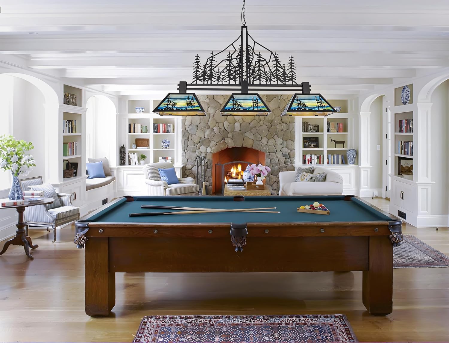 Wellmet Tiffany Pool Table Light, Black Rustic Kitchen Island Chandelier, Billiard Forest Pendant Light Chandelier, for 3ft 4ft 5ft Snooker Pool Table, Game Room