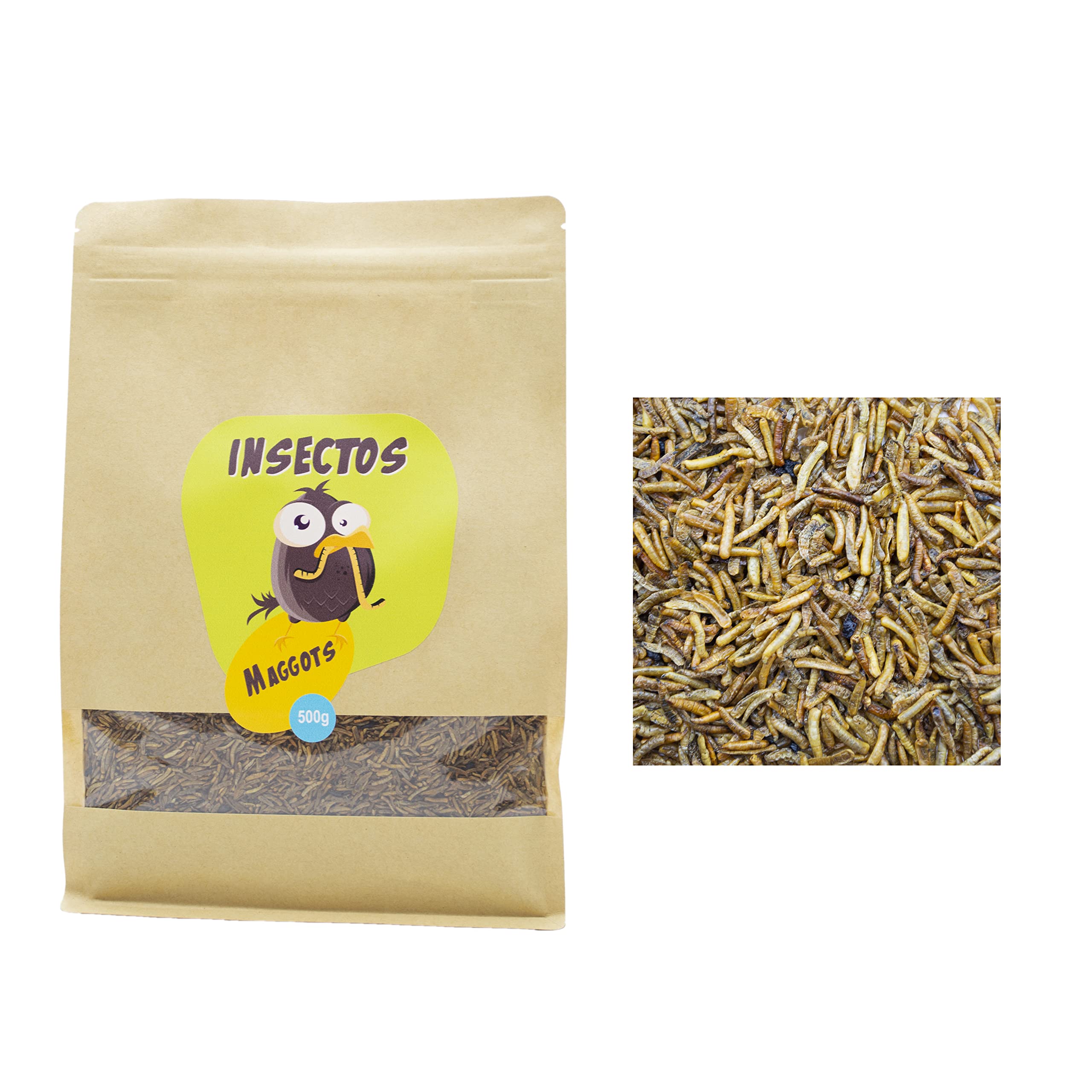 Larvas de Gusanos o Maggots deshidratados para Reptiles, Tortugas, Peces de Estanque y Aves – 500g – Snack de Proteínas para Mascotas