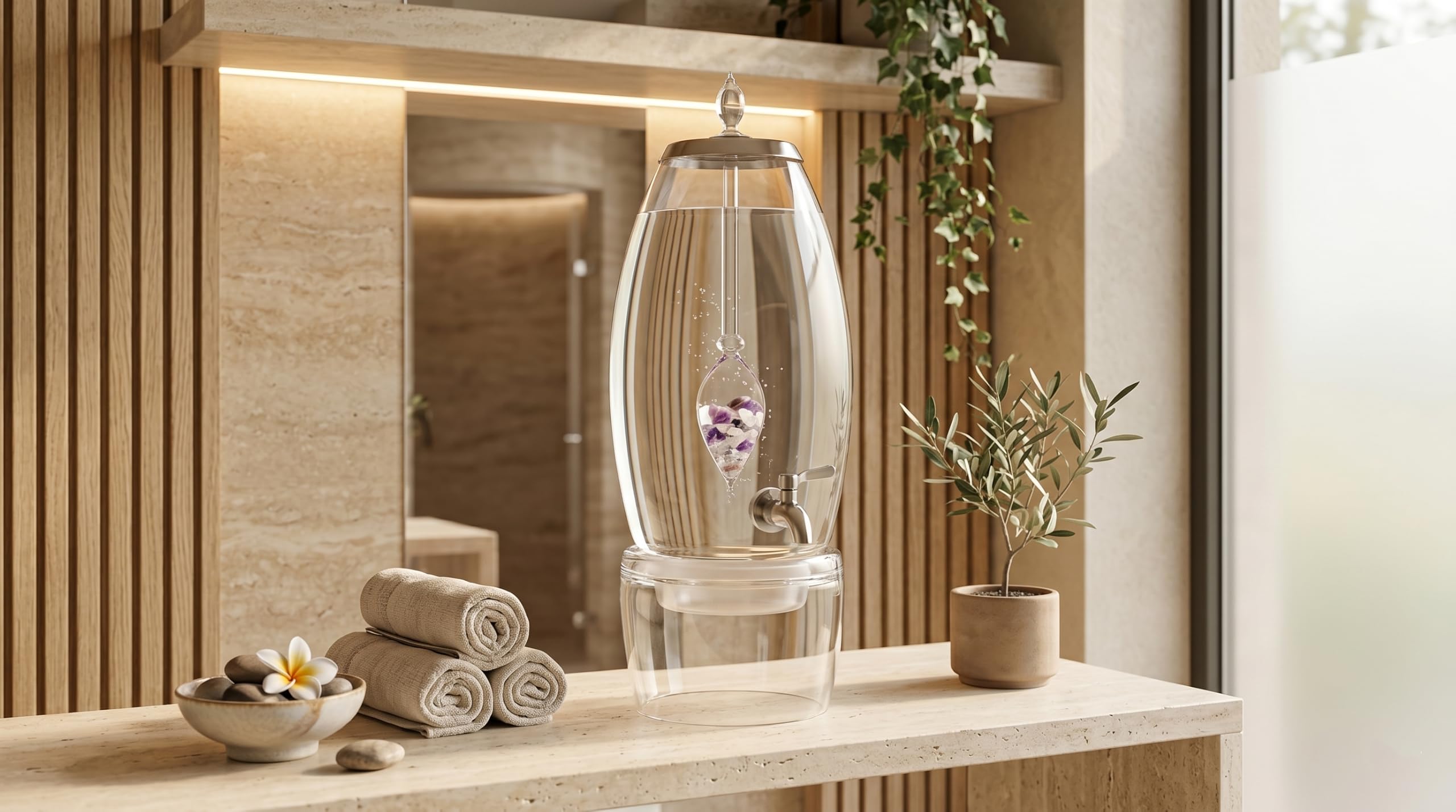 Vitajuwel Wasserspender Wellness inkl. Edelsteinphiole (Amethyst, Rosenquarz & Bergkristall)