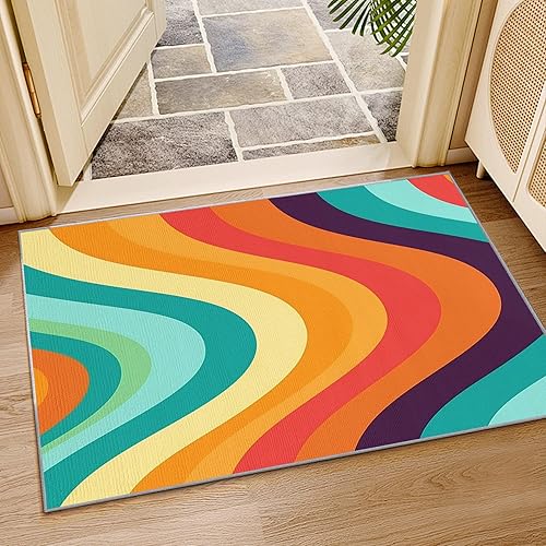 Miniatura 4 de Alfombras retro para sala de estar, alfombras de área de los años 70, 5 x 7, alfombra de onda abstracta, alfombra de arco iris colorida para sala de