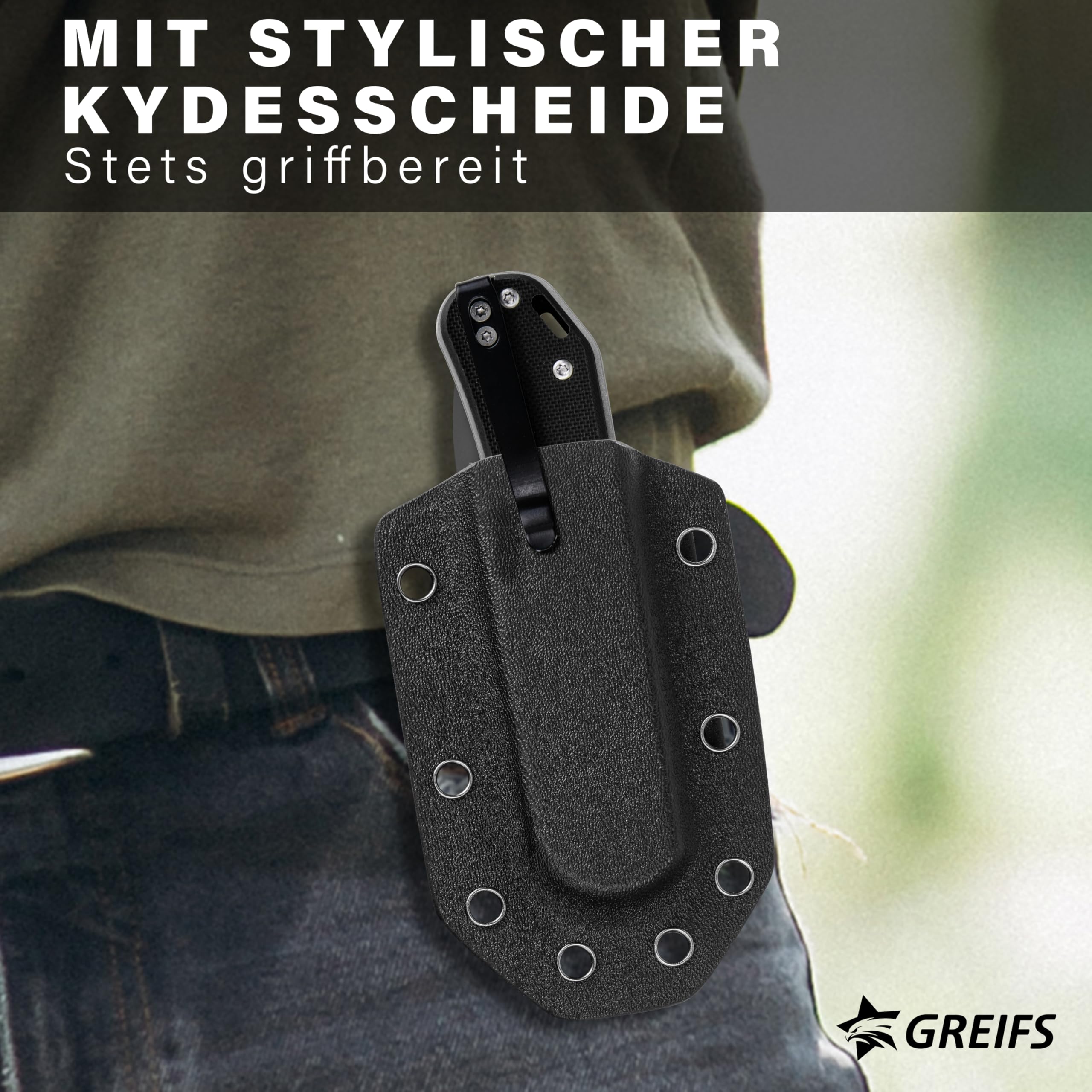 GREIFS® Klappmesser Paxos (Zweihandmesser) aus D2 Stahl mit Buttonlock und Kydexscheide, EDC Messer Outdoor Messer & Survival Taschenmesser, Überlebensmesser, Jagdmesser (TitanBlack)