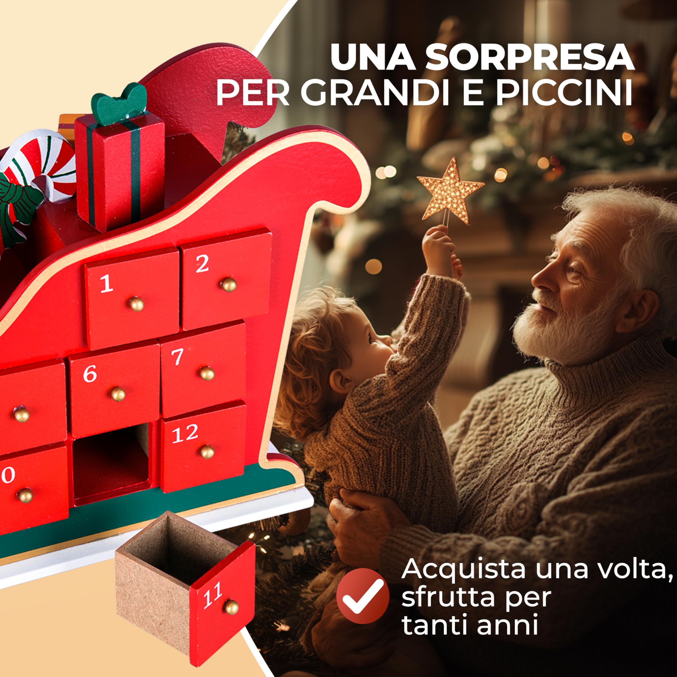 Spielwerk® Calendario dell' Avvento Riutilizzabile in Legno Babbo Natale con Slitta Decorazione Natalizia da Riempire