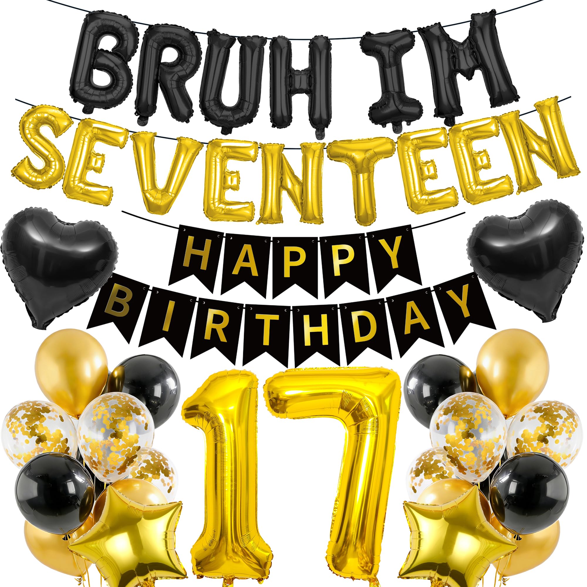 17th Birthday Decorations Banners Boy - 40 Pcs Black Gold Happy Birthday Banner BRUH I'M SEVENTEEN Star Heart Number 17 Foil Balloons Decoration Sequin Balloons for 17 Years Old Boys Party Decor