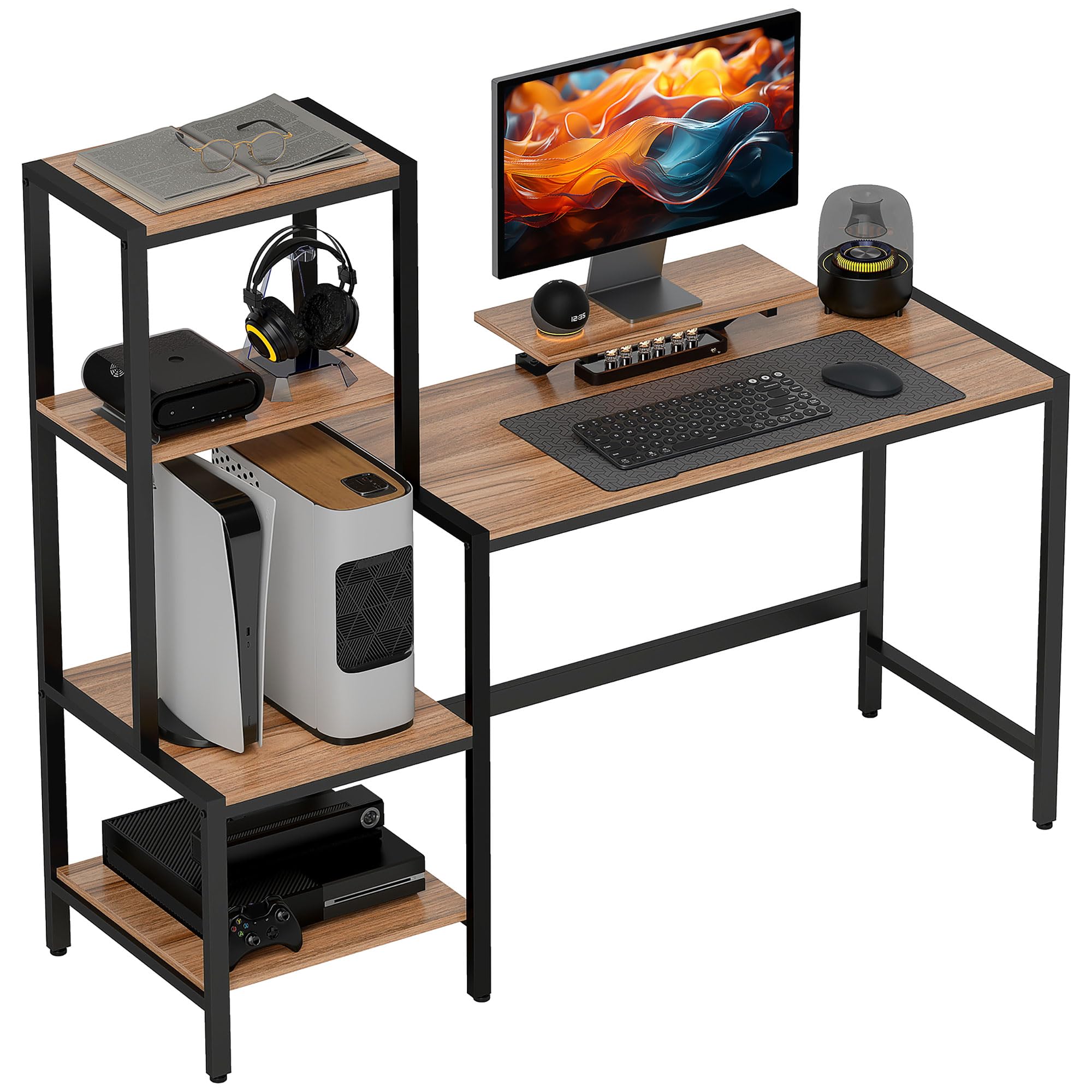 HOMCOM Biurko 150 x 48 cm, stolik pod komputer, podstawka na monitor i procesor, półka na drukarkę, 4 półki, metalowy stelaż sypialni brązowy