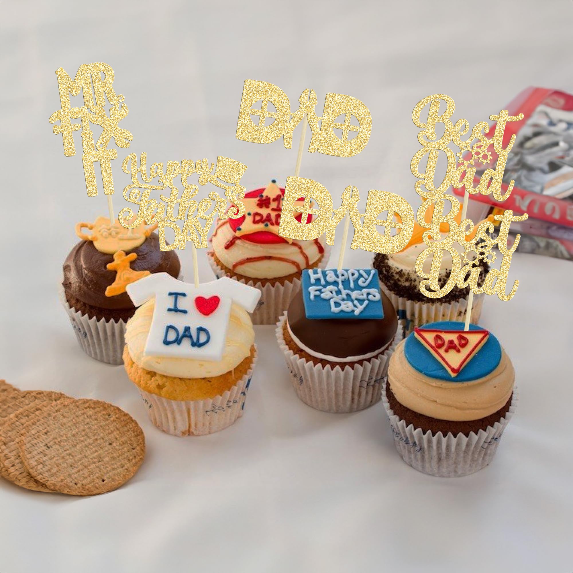 24 Stück Happy Father's Day Cupcake Topper - Glitzer Deko Mit 'Best Dad' & Schnurrbart, Goldene Kuchen-Dekoration Für Männer