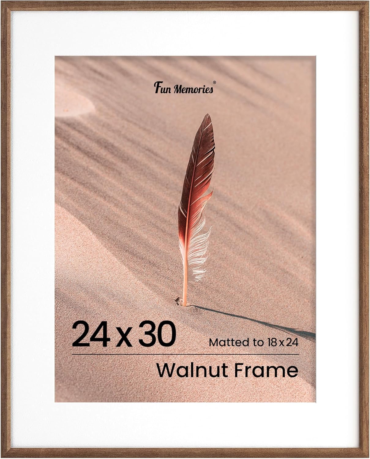 Fun Memories 24x30 Poster Frame, Solid Oak Wood Picture Frames, Modern Photo Frame for Wall 24x30 with 18x24 Mat, High Definition Plexiglass & Wall Hook Included (Walnut, 1 Pack) USA-Sourced Oak Wood Walnut Color 24x30 - 1P