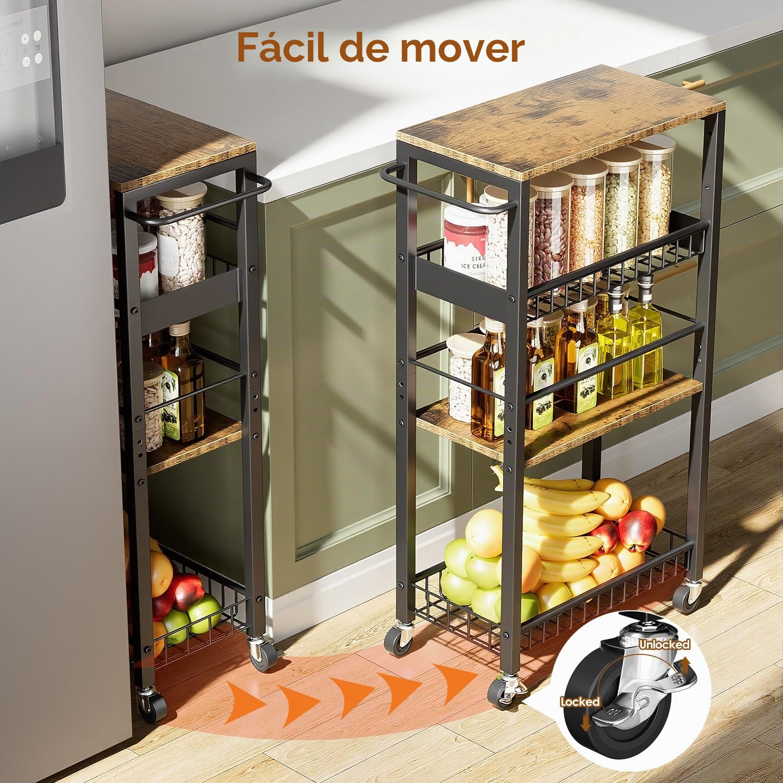 Carro de Almacenamiento Delgado con Ruedas, Carrito Pequeño de 4 Niveles con Manija, Profundidad de 9,1", Altura Ajustable, Estante Móvil Multiusos para Cocina, Baño, Lavadero, Negro + Marrón