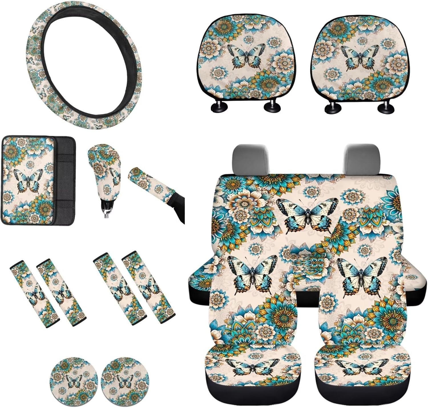 Boho Mandala Printed Car Seat Cover Full Set Butterfly Printed Automotive Interior Universal Car Seat Cover Steering Wheel Cover Armrest Pads Seat Belt Cover Car Handbrake Cover