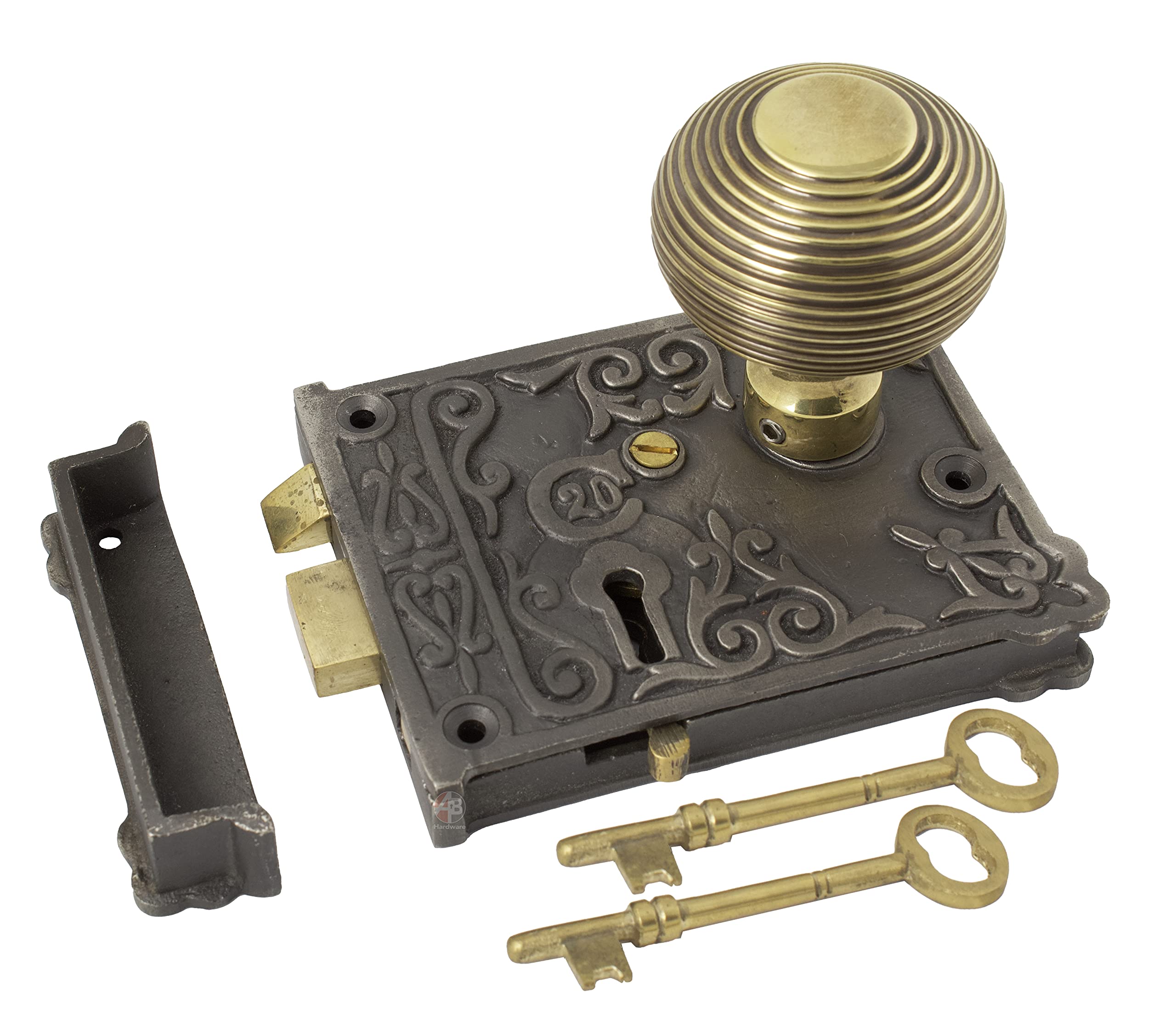 A.b Hardware Floral Design Iron Rim Knob Latch Lock Set With Heavy Solid Brass Beehive Knobs