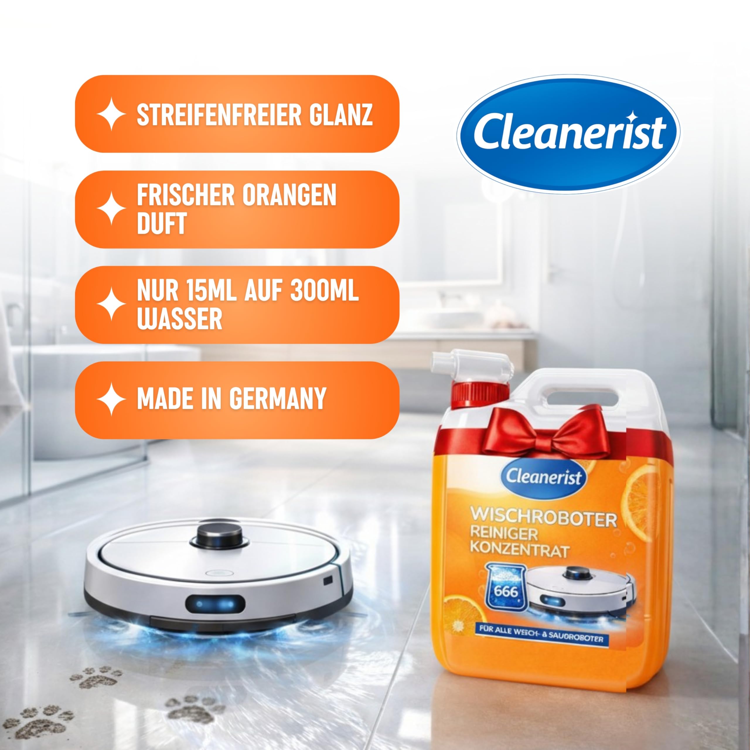 Cleanerist | 10L Wischroboter Reiniger Konzentrat mit Orangenduft [666 Füllungen] – 15ml auf 300ml Wasser – Universal Bodenreiniger für alle Modelle – Inkl. Ausgießer – Streifenfreie Sauberkeit