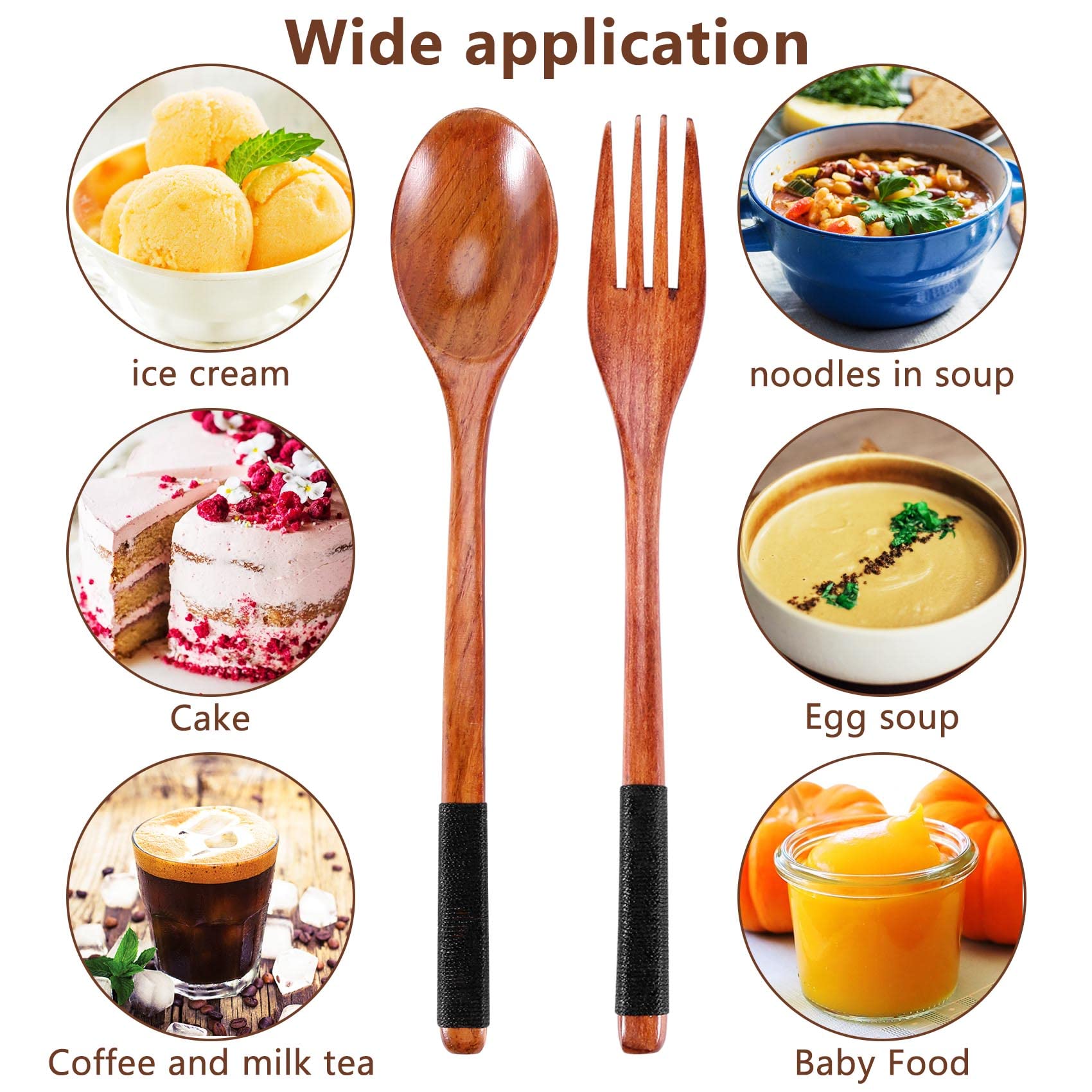 FTEYJEUIOTY Wooden Spoons Forks Set Japanese Style Wooden Utensils Set for Eating Wood Flatware Set Reusable (Black Cords,10 Pieces) - Image 4