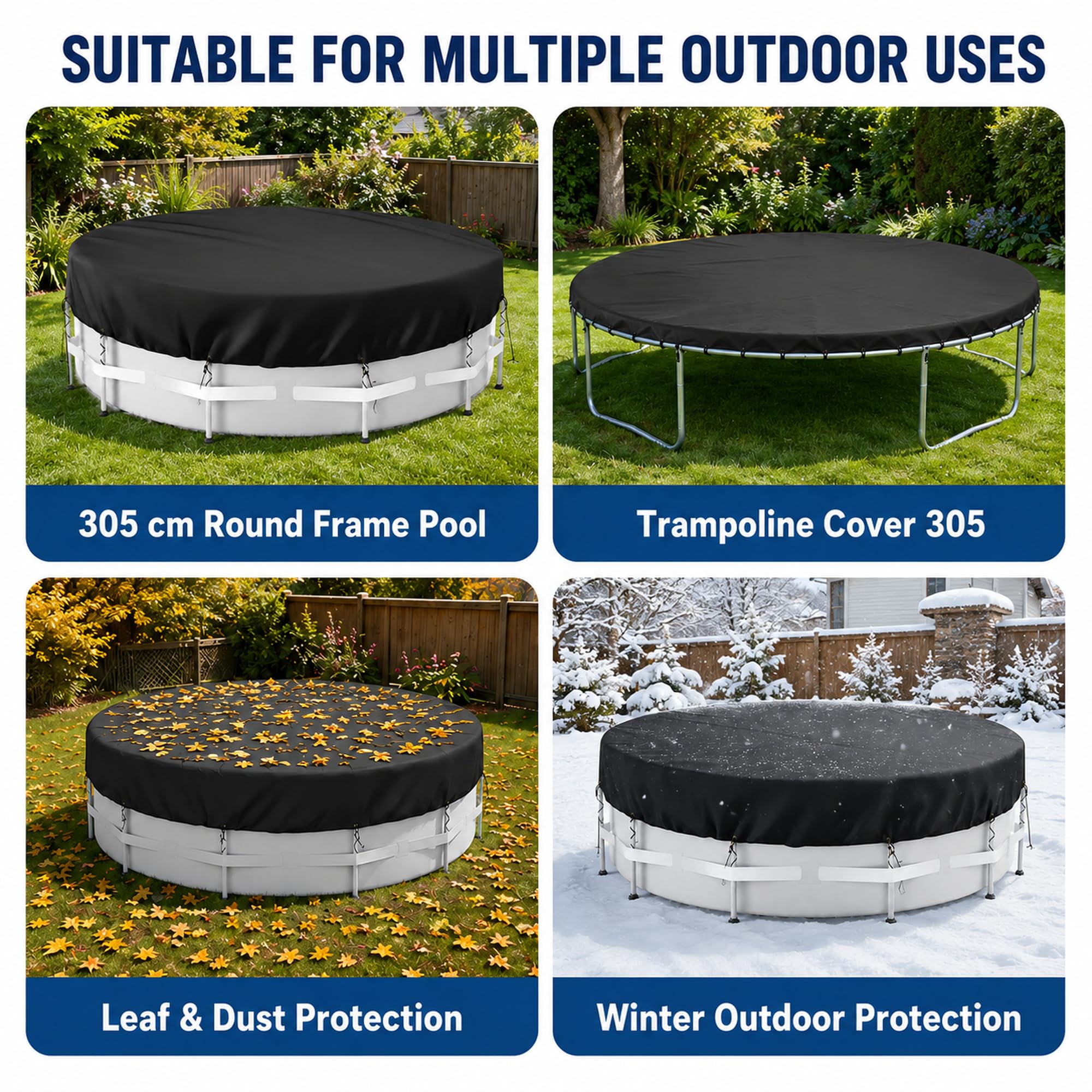 Cubierta de piscina redonda de 305 cm – Cubierta de invierno de tela Oxford 420D con revestimiento de poliuretano, protección UV, cordón y clavos para el suelo, resistente al viento y a las roturas