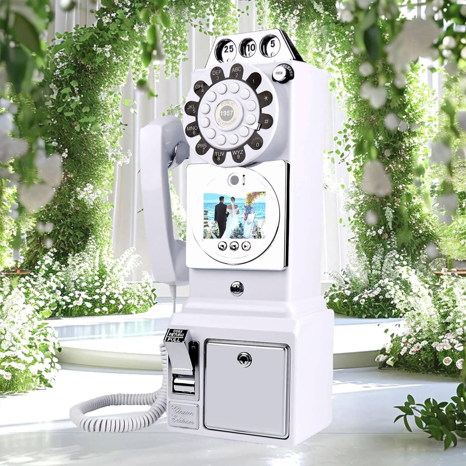 Księga gości weselnych w stylu retro,budka telefoniczna w stylu vintage z nagrywaniem wiadomości wideo i audio,książki gości o pojemności baterii 5000 mAh(White)