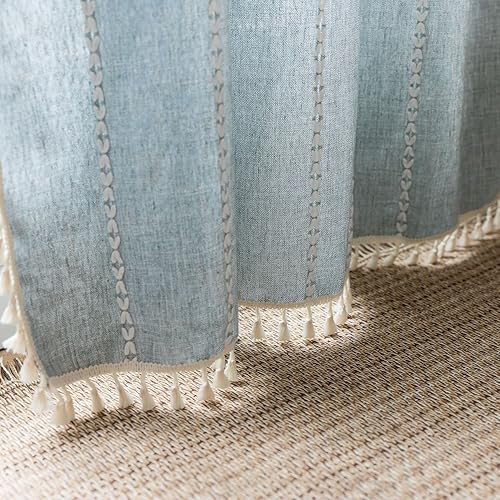 Miniatura 7 de Cortinas de lino azul pizarra de 84 pulgadas de largo, 2 paneles, bolsillo para barra, estilo granja, bordado blanco, a rayas, de algodón, para