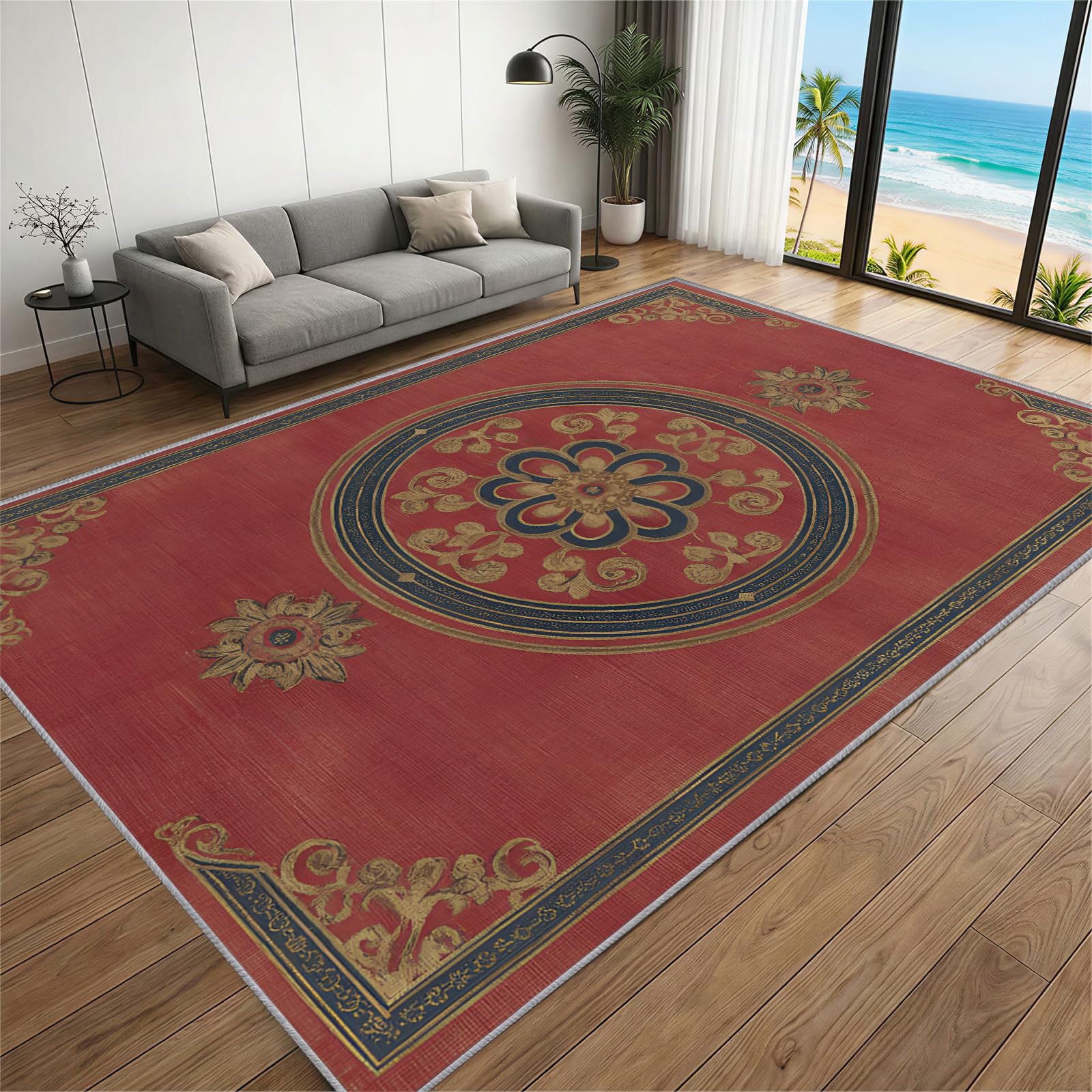 BEQUTIY Retro Tribal Style Area Rugs, Traditional Red Black Vintage Pattern Rug 120 x 180 cm, Short Plush Light Luxury Machine Washable Non Slip Rug, Doormat Entrance Living Room — image 1