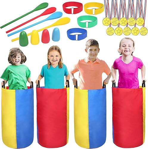 Miniatura 1 de LotFancy Bolsas de carreras para niños y adultos, 26 unidades, juegos al aire libre, carreras de huevos y cucharas, 3 bandas de carreras de patas,