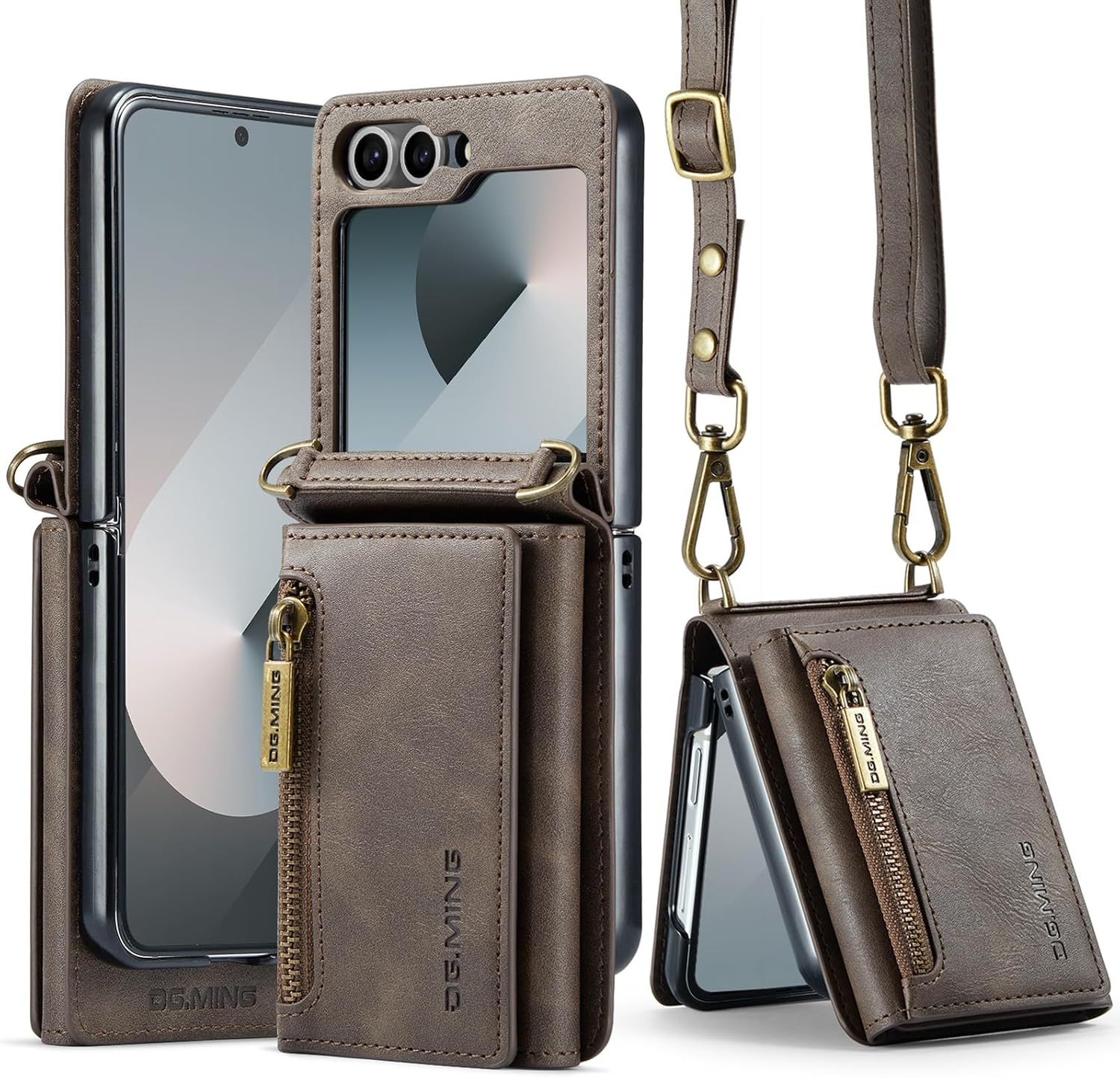 Compatible with Samsung Galaxy Z Flip 6 Phone Case， Upgraded Zipper Design， Leather Folding Wallet Phone Cases with Shoulder Strap,Leather Pocket Phone Cases (Coffee)