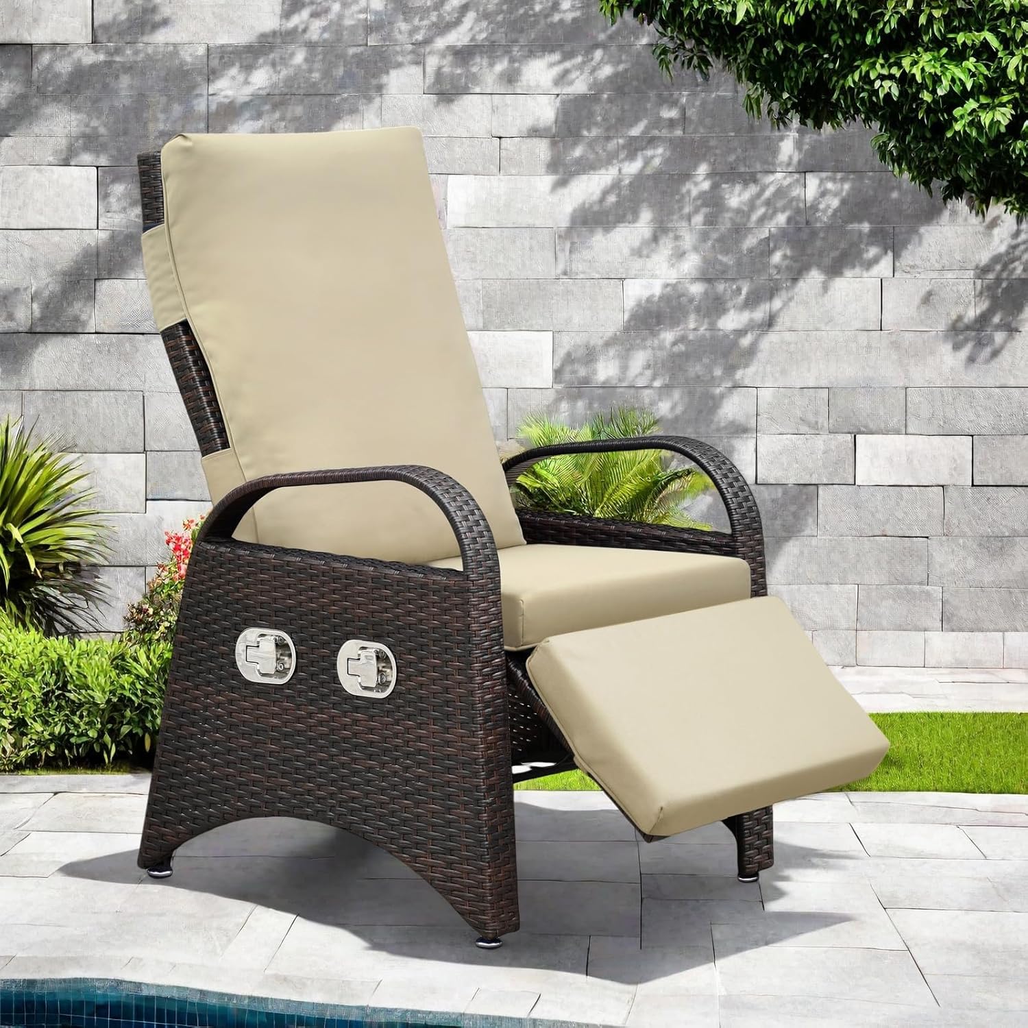 ATR ART TO REAL Indoor & Outdoor Recliner with Headrest and Flip Table, All-Weather PE Wicker Patio Reclining Lounge Chair, Adjustable Backrest and Footrest Removable Cushion (One Chair - Khaki)