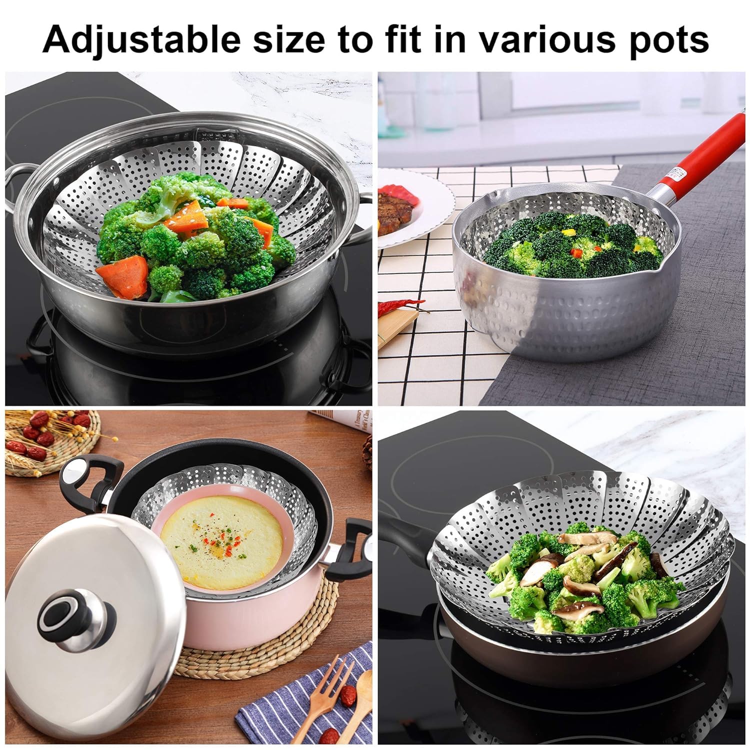 Dhanuom Steamer Basket Stainless Steel Steamer Basket for Vegetable/Insert for Pots, Pans steam boiling Fruit Bowl Fit for Instant Pot and Adjustable bowl 1