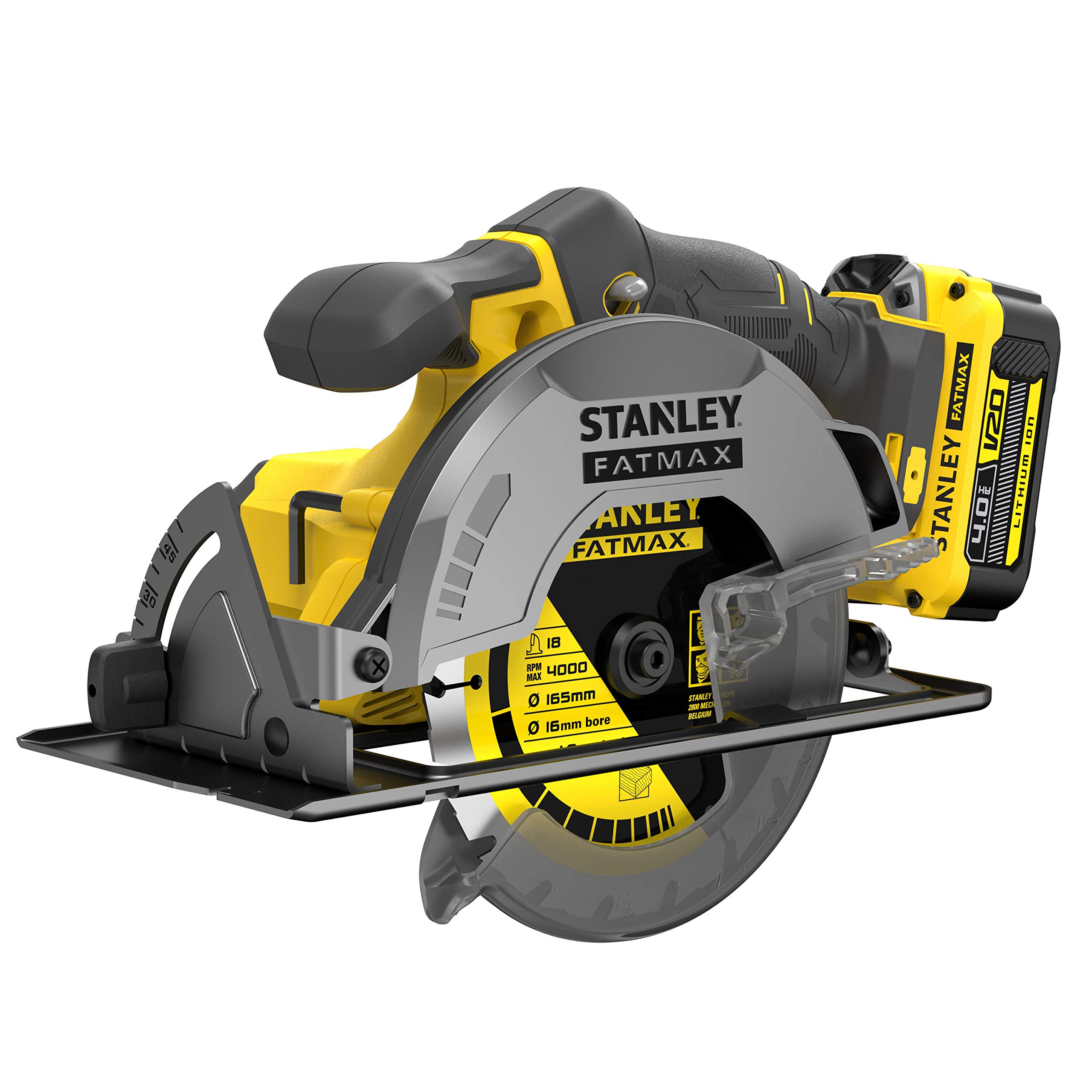 STANLEY FATMAX V20 Bezprzewodowa piła tarczowa 18 V Li-Ion bezszczotkowa silnik 165 mm prędkość 4000 obr/mn cięcia na wymiar do 50° 1 walizka 2 baterie 4 Ah 1 ładowarka SFMCS500M2K-QW