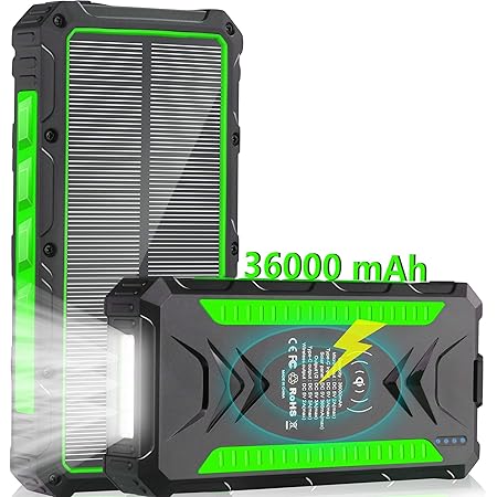 Solar Charger 36000mAh Qi Wireless Solar Power Bank Phone Charger, Quick Charge Portable Charger with 2 USB Output Ports & 2 Input Type-C/Micro USB Ports External Cell Phone (Peak Green)
