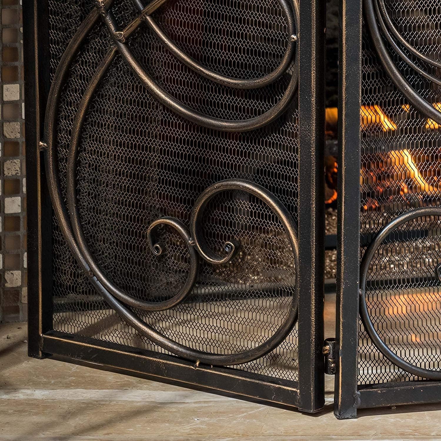 Fireplace Screen Guard, FireplaceProtection Wrought Iron 3 Panel Fire Place Screens， Extra LargeGuard with Mesh， Baby Safe Proof Wood Burning Ember Fence， 52×33.5inch (Co