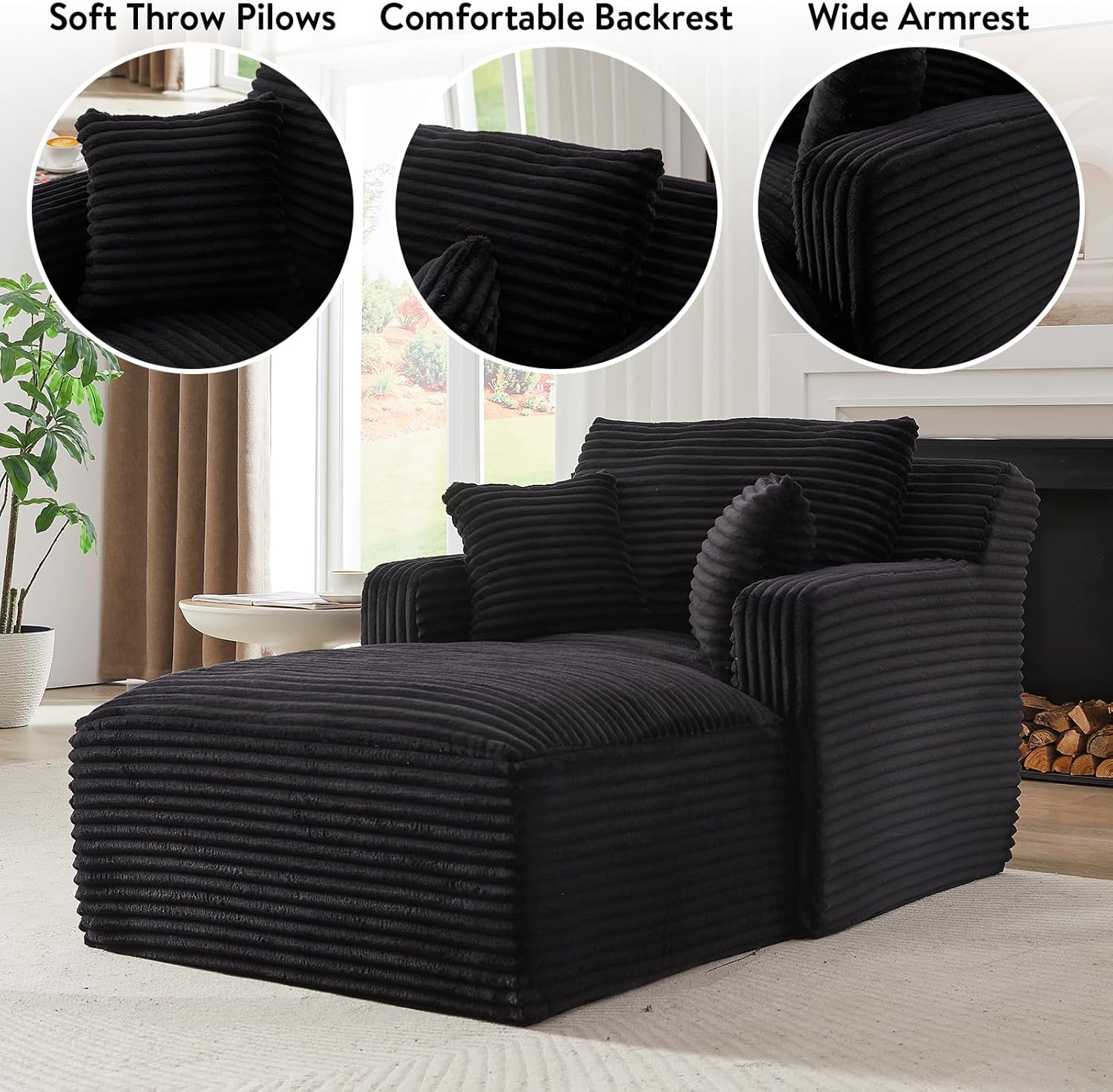 Chaise Lounge Chair Indoor, Upholstered Corduroy Single Lounge Sofa Couch, Comfy Reading Recliner Sleeper Sofa Chair Bed with Armrests and Pillows for Bedroom, Living Room (Black)