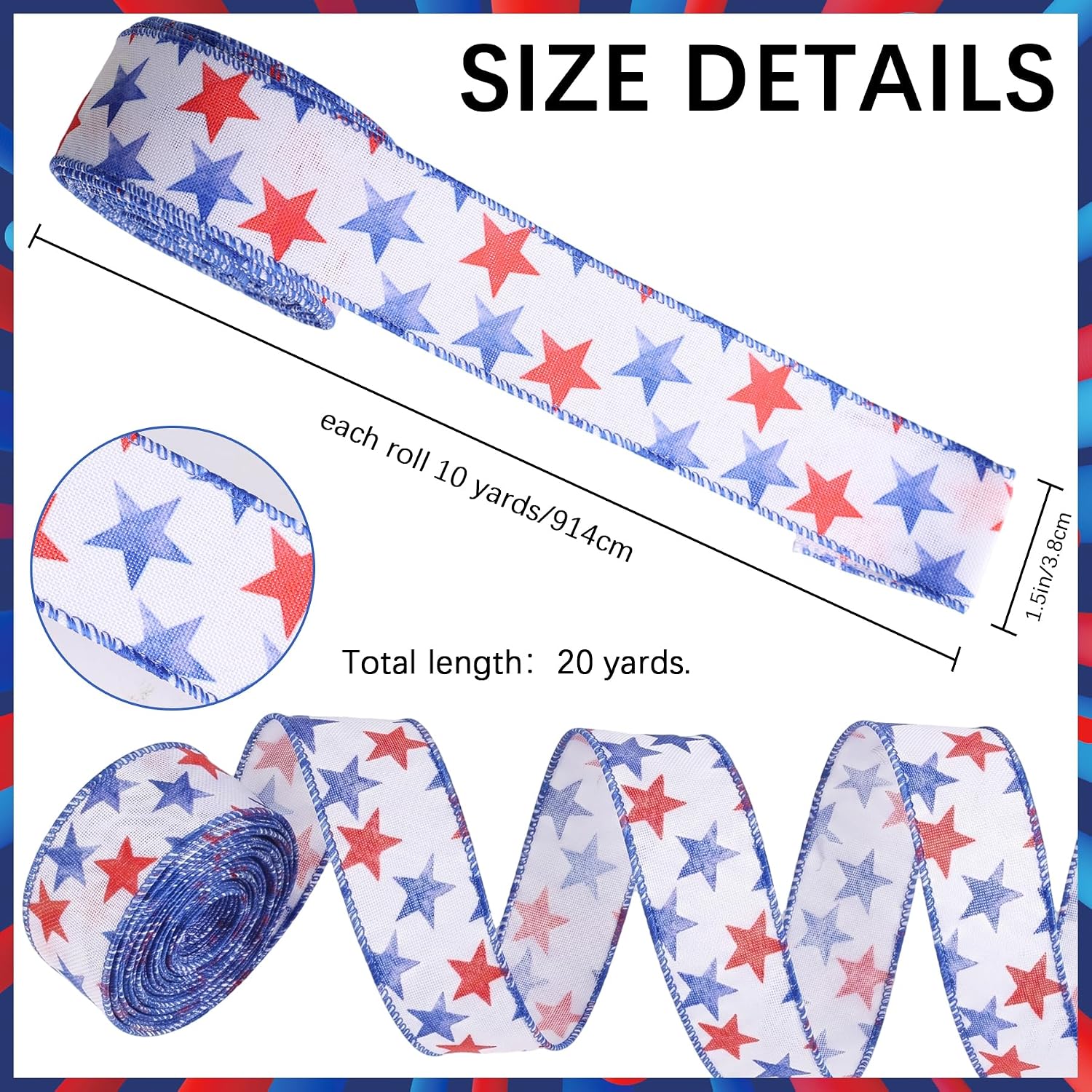 2 Rolls Patriotic Ribbons - 20 Yards red White and Blue Ribbon Patriotic Star 4th of July Memorial Day Fabric Ribbon for Independence Day Labor Party Bow Wreath Decor(1.5 inch)