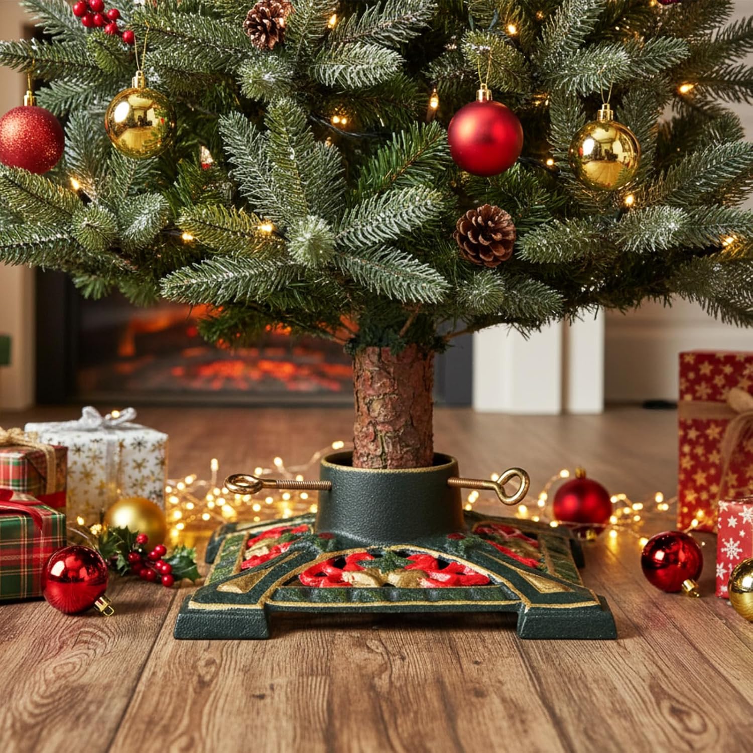 Cinnvoice Cast Iron Christmas Tree Stand for Real Live Trees, Heavy Duty Stable Base with Deep Water Reservoir to Keep Fresh, Xmas Tree Holder for Christmas Indoor Outdoor Holiday Decoration(Green)