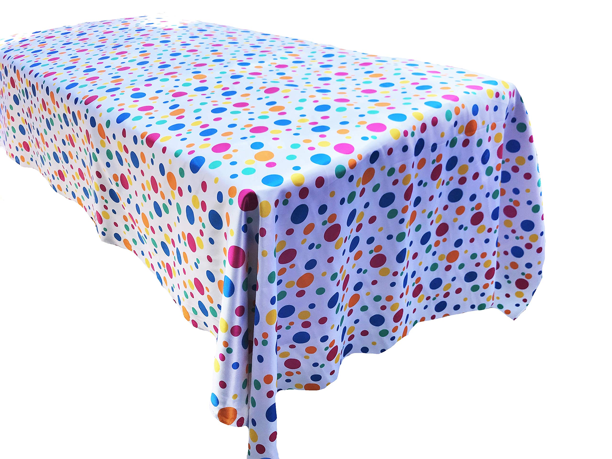 New Creations Fabric & Foam Inc, Happy Birthday Tablecloth Multi Color Polka Dot Satin Tablecloth (Multi Color, 58" Wide x 102" Long)