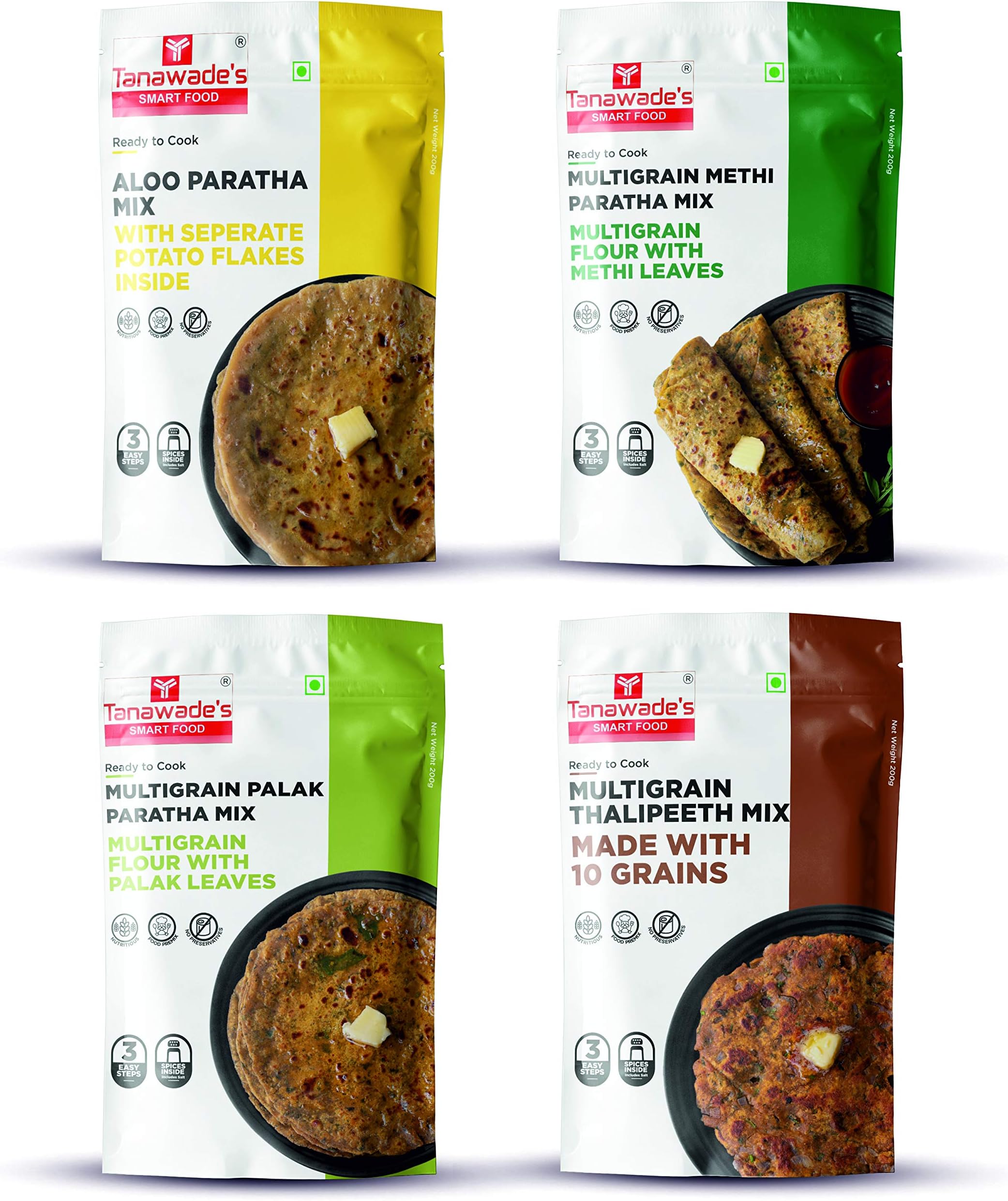 Tanawade’s Smart Food Multi Combo‑04‑K (Pack of 4) – Instant Aloo, Methi & Palak Paratha + Thalipeeth Mix • Buy 3 Get 1 Free • No Preservatives • Ready‑to‑Cook Homestyle Flavours