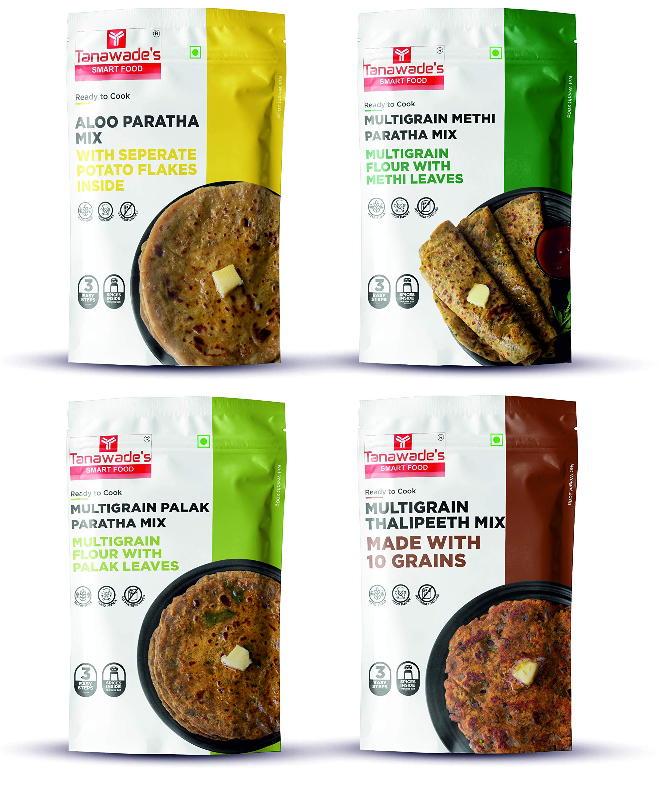 Tanawade’s Smart Food Multi Combo‑04‑K (Pack of 4) – Instant Aloo, Methi & Palak Paratha + Thalipeeth Mix • Buy 3 Get 1 Free • No Preservatives • Ready‑to‑Cook Homestyle Flavours