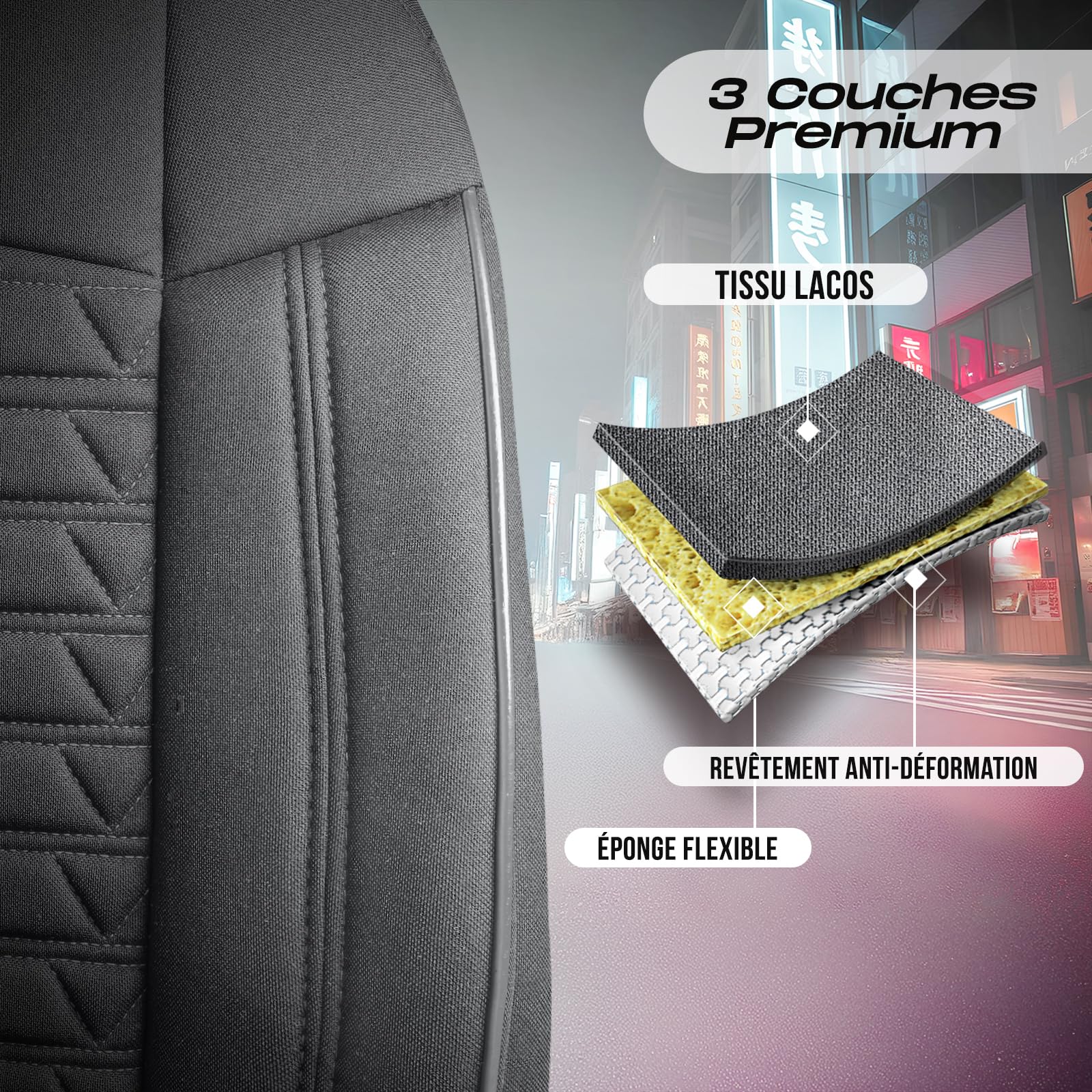 Housses de sièges de voiture universelles pour PKW et SUV – Housses de sièges avant de qualité supérieure en tissu Lacoste, gris fumé, compatible avec airbag, protection de siège