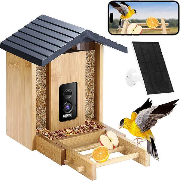Akasumer Bird Feeder, 5MP Solar-Powered Smart Bird Feeder with Camera, AI Identifies Birds 10000+, 2.4GHz, Color Night Vision, Instant Notification, Easy to Use, 1.5L Birds Feeders for Outdoor, Yard