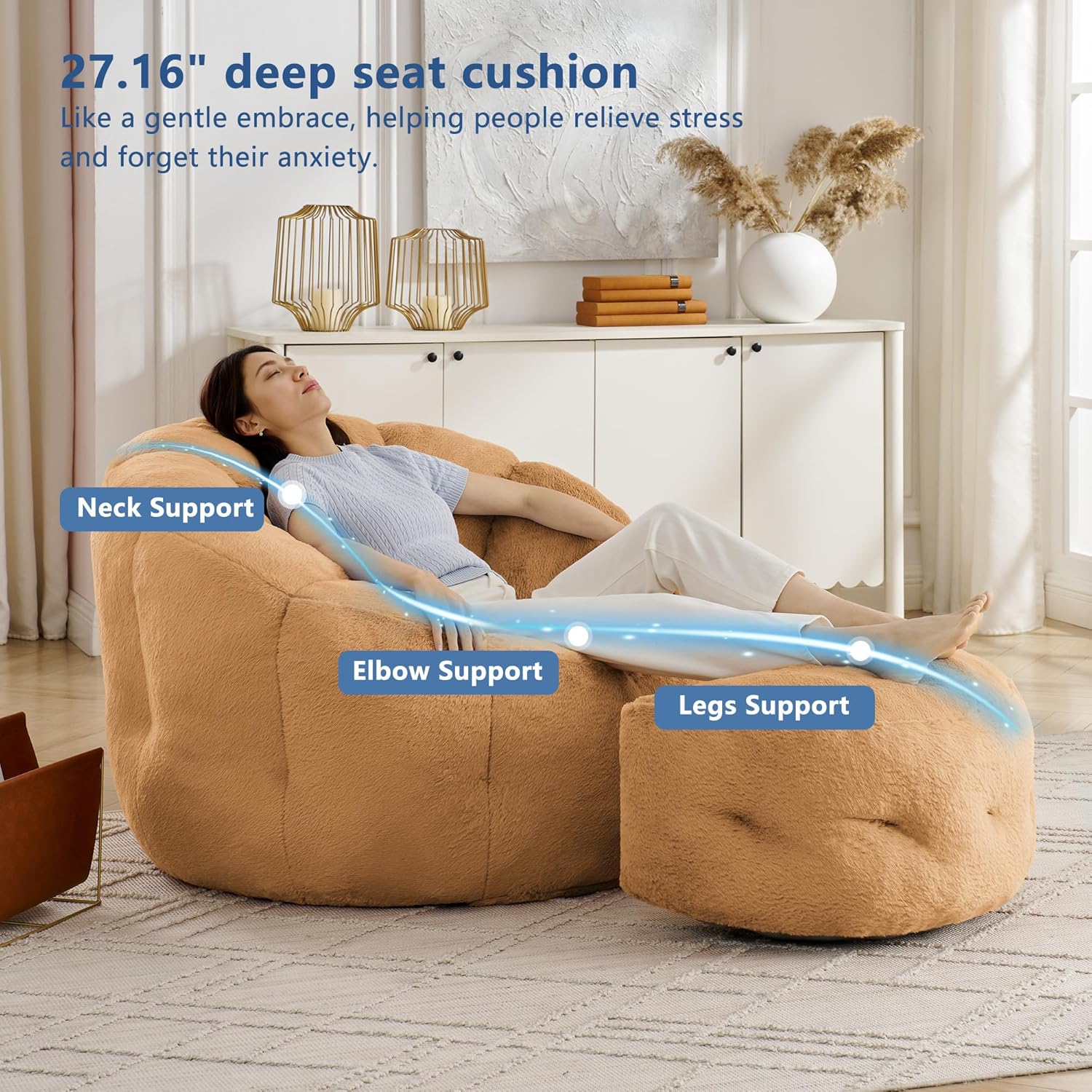 Mofolit Bean Bag Chair with Ottoman for Adults,Large Flower Beanbag Chair with Artificial Rabbit Fur Fabric,Comfy Single Sofa for Girls Living Room,Reading Room and Apartment. (Brown)