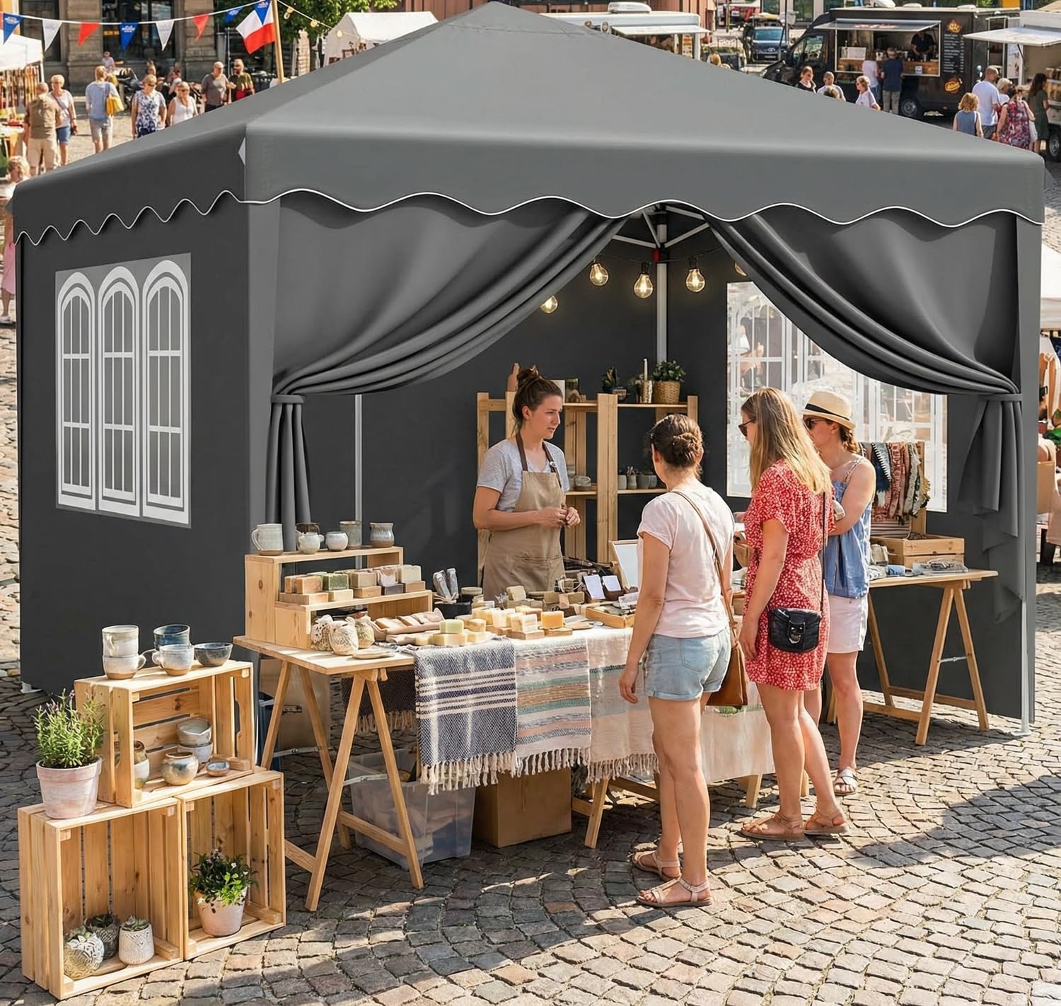 Pawilon składany 3x3, wodoszczelny,stabilny, odporny na warunki zimowe z Oxford 420D,ochrona UV 50+, pawilon składany 3x3 z 4 częściami bocznymi,pawilon ogrodowy z regulacją wysokości (Szary)
