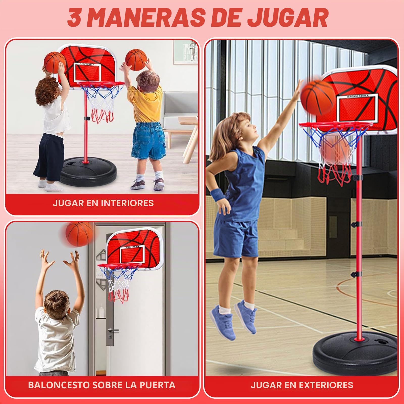 Canasta Baloncesto Infantil Regulable 50-150 cm con 3 Pelotas + Bomba - Canasta Basket Niños 3-8 Años para Exterior/Interior - Ideal Exteriores, Jardín, Interior