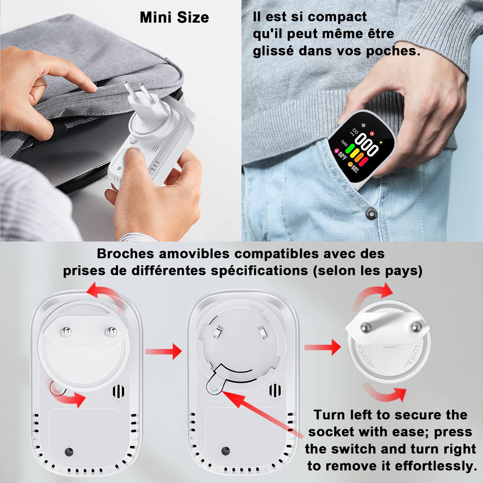 4 in 1 Plug in Detecteur Monoxyde Carbone 2-Pack(sans Piles) -Détecteur de Gaz avec Affichage Température et Humidité-Norme en 50291 - Alarme 85 DB - Blanc