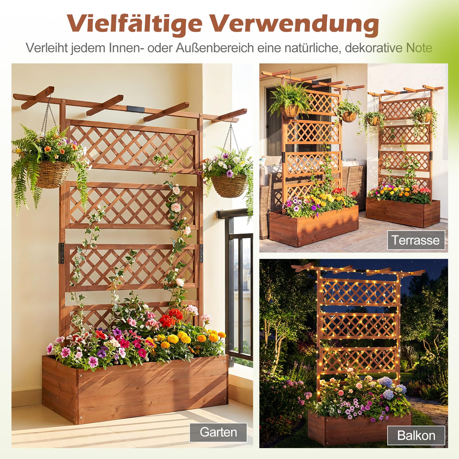 COSTWAY Blumenkasten mit Rankgitter & Dach, Pflanzkübel mit Sichtschutz, Pflanzkasten Tannenholz, Hochbeet mit Spalier, Drainagelöchern, Blumenkübel mit Rankhilfe für Kletterpflanzen, 100 x 55 x 183cm