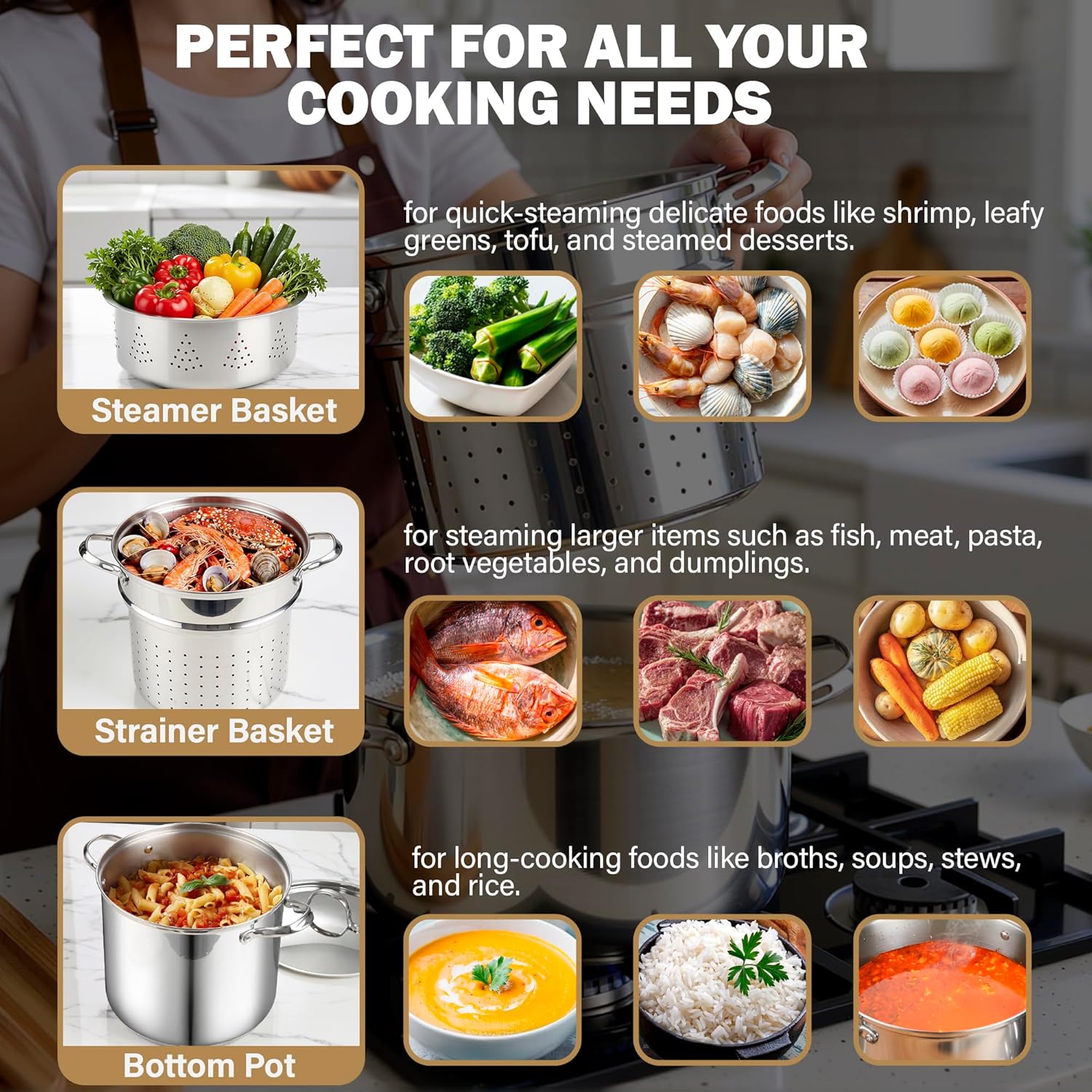 Cooks Standard Pasta Pot 18/10 Stainless Steel 12 Quart, Spaghetti Cooker Steamer Stock Pot Multipots with Strainer Insert, Stainless Steel Lid, 4-Piece Set - Image 5