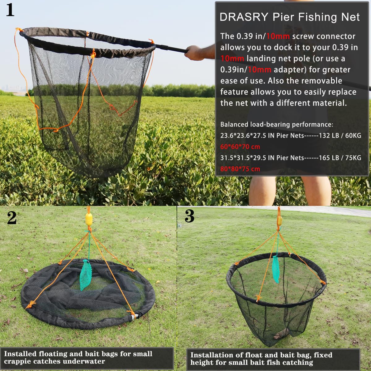 bridge fishing landing nets Drasry High Load-Bearing Aluminum Ring and Pier Net Net Foldable Drop Net for Saltwater Freshwater Pier Fishing Baskets Net Collapsible 49.2 FT Rope（23.6 * 23.6 * 27.5 in） World Traveller Super Compact Unsurpassed in quality and Size:Hook Size: 4 - Q'ty/Pk: 5 8