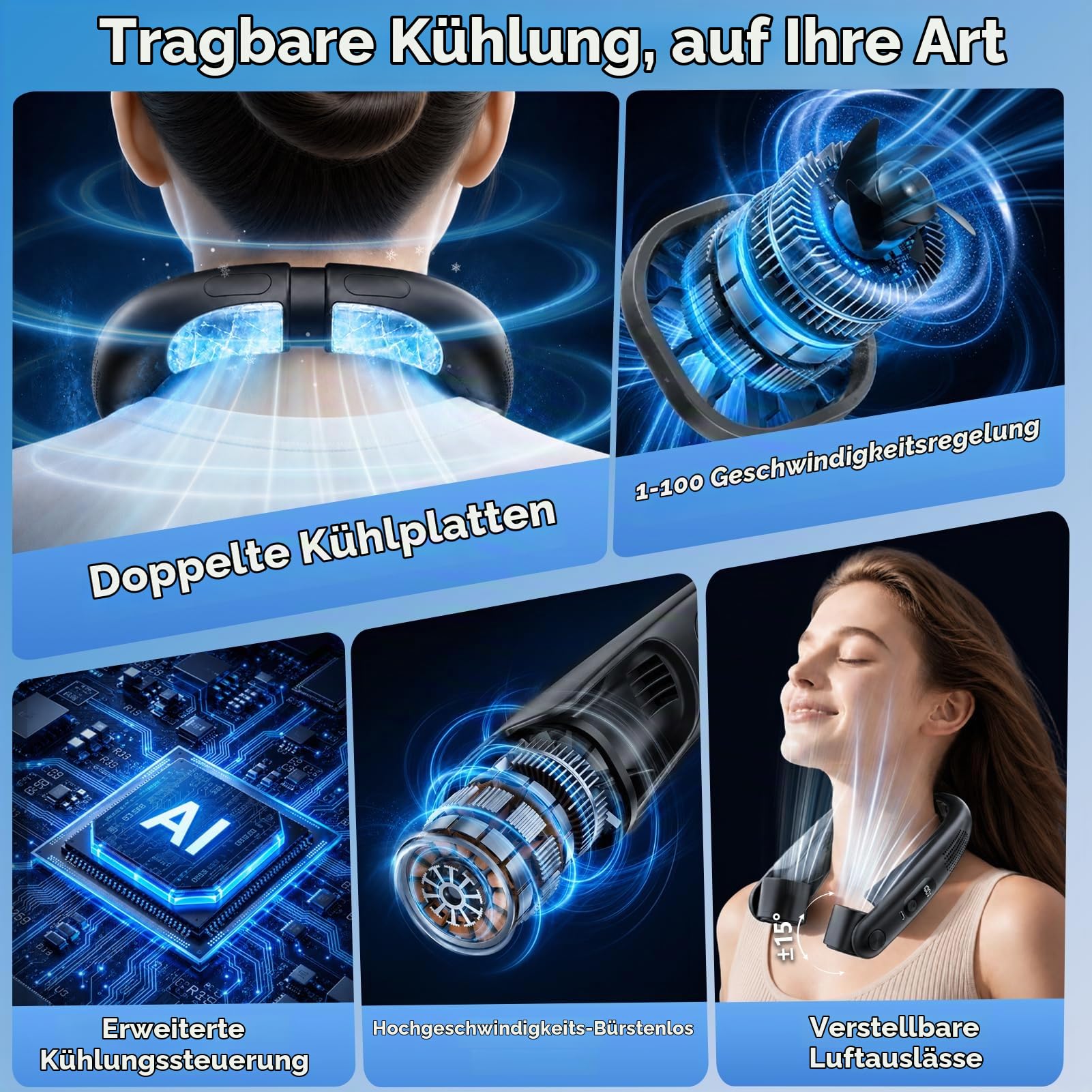 Nackenventilator mit Kühlplatten, 6000 mAh Tragbarer Blattloser Halsventilator, USB Wiederaufladbar, Geschwindigkeitsregelung von 1 bis 100, Verstellbare Luftauslässe für Büro/Gym/Reise
