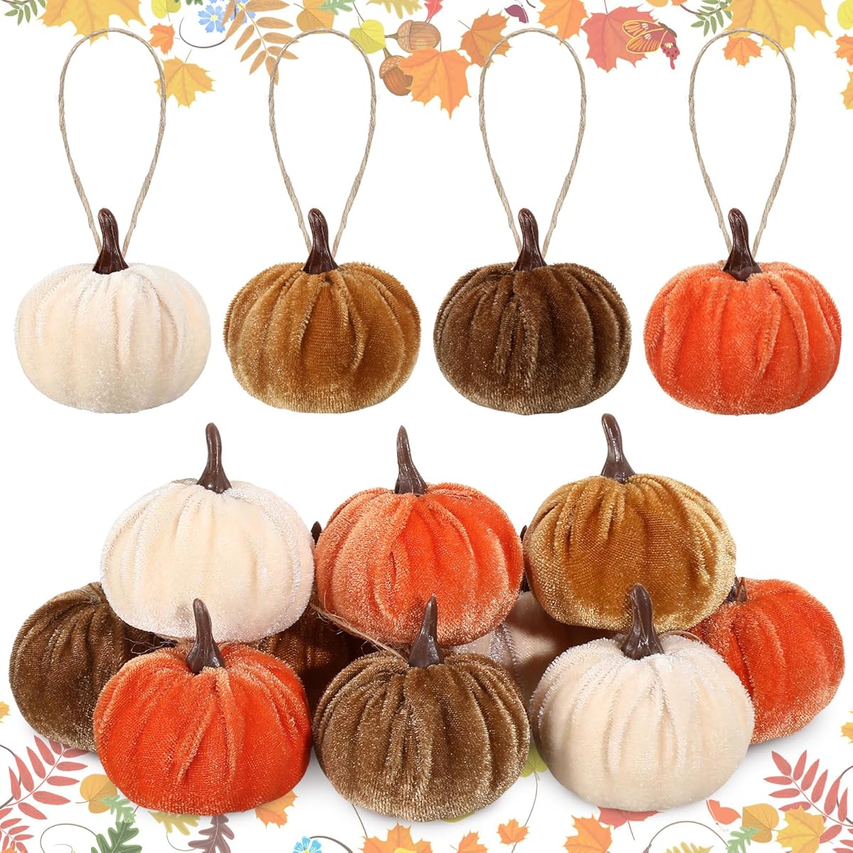 12 Pcs Thanksgiving Pumpkin Hanging Ornament 2 Inches Velvet Thanksgiving Fall Tree Decorations Fabric Small Tree Decorations for Farmhouse Harvest Autumn Home Party Decor(Neutral)