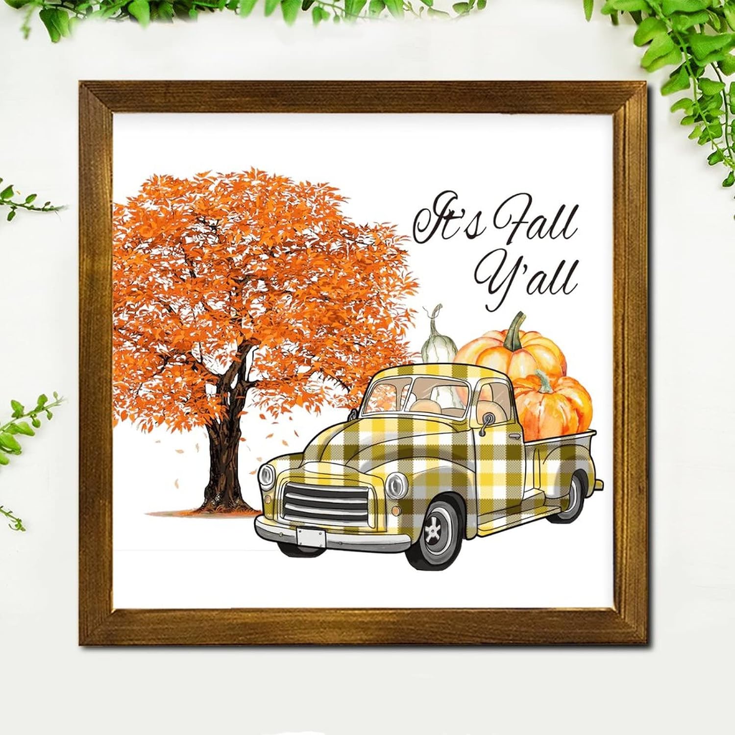 It's Fall Y'all Yellow Plaid Pumpkin Truck Wood Framed Signs Maple Leaves Wood Plank Hanging Sign Rustic Autumn Harvest Wood Decor Farmhouse Wall Hanging Plaque for Grandpa Papa Dad 12x12 inch