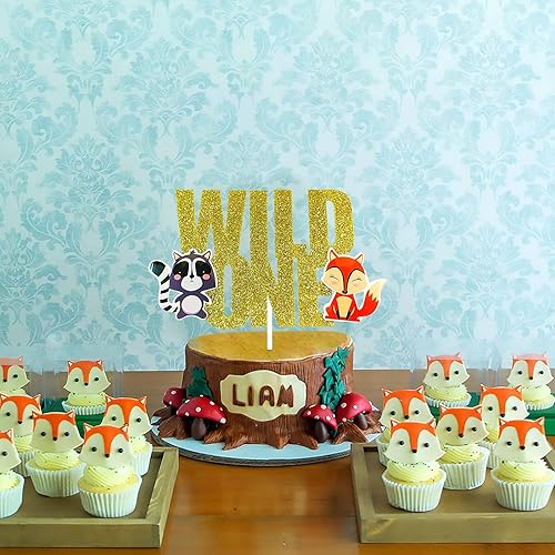 Miniatura 2 de LaVenty Decoración para tartas de animales del bosque con purpurina, decoración de pastel Wild One, decoración de pastel de primer cumpleaños,