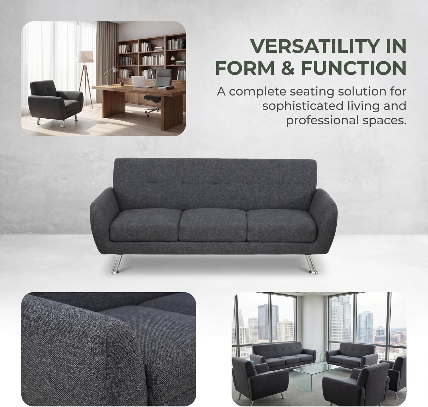 3 Piece Sofa Sets for Living Room, Modern Sectional Couch and Loveseat & Armchair Set, Mid-Century Furniture Sets for Living Room, Apartment, Office, Black