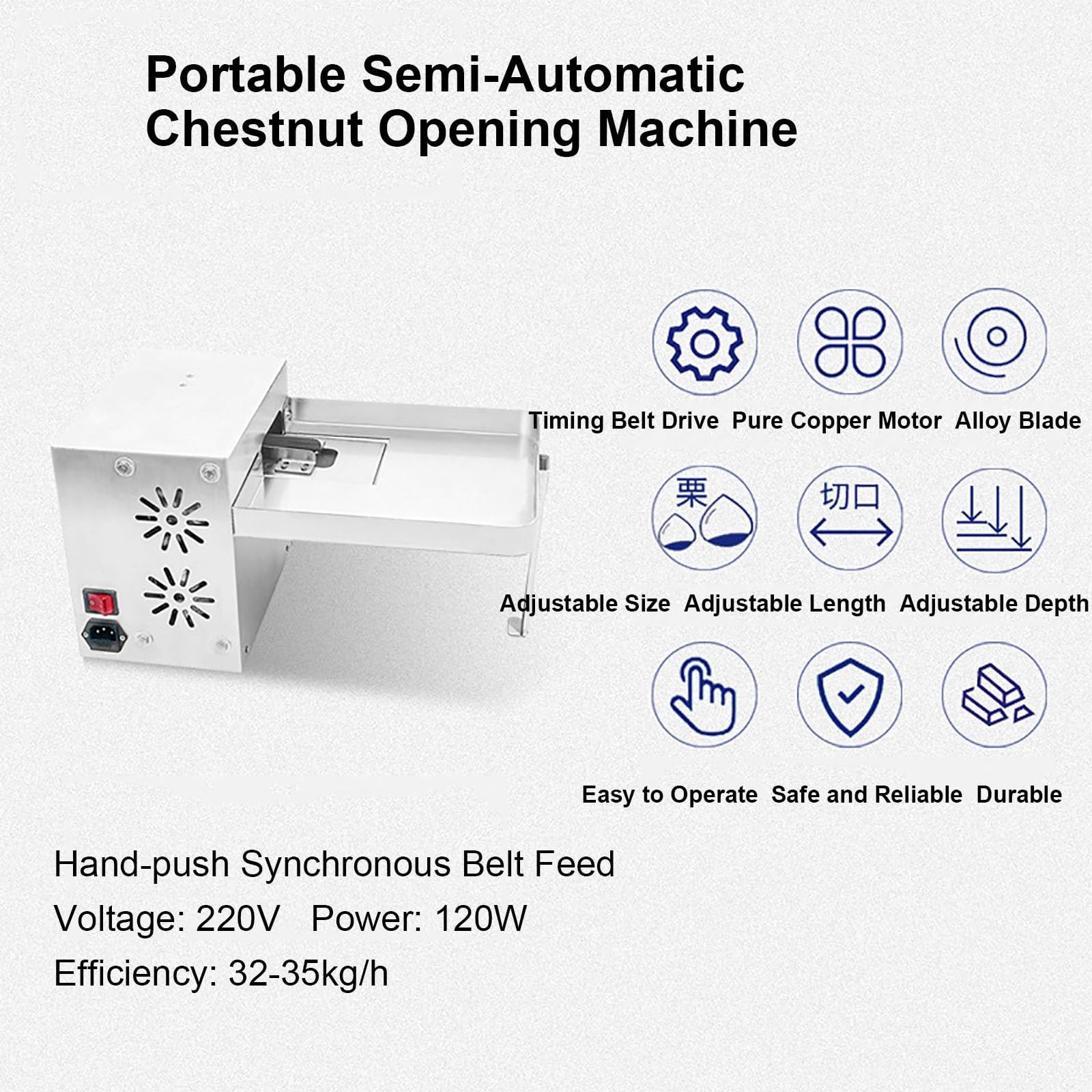 Máquina para tallar castañas de 120 W, semiautomática con Profundidad de Corte Ajustable, Capacidad de 32-35 kg/h, Ideal para panaderías y Uso Comercial.
